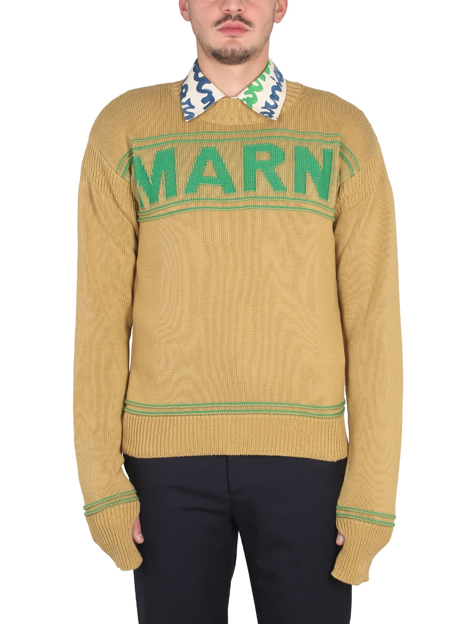 Marni Brown Embroidered Logo Cotton Sweater In Neutrals