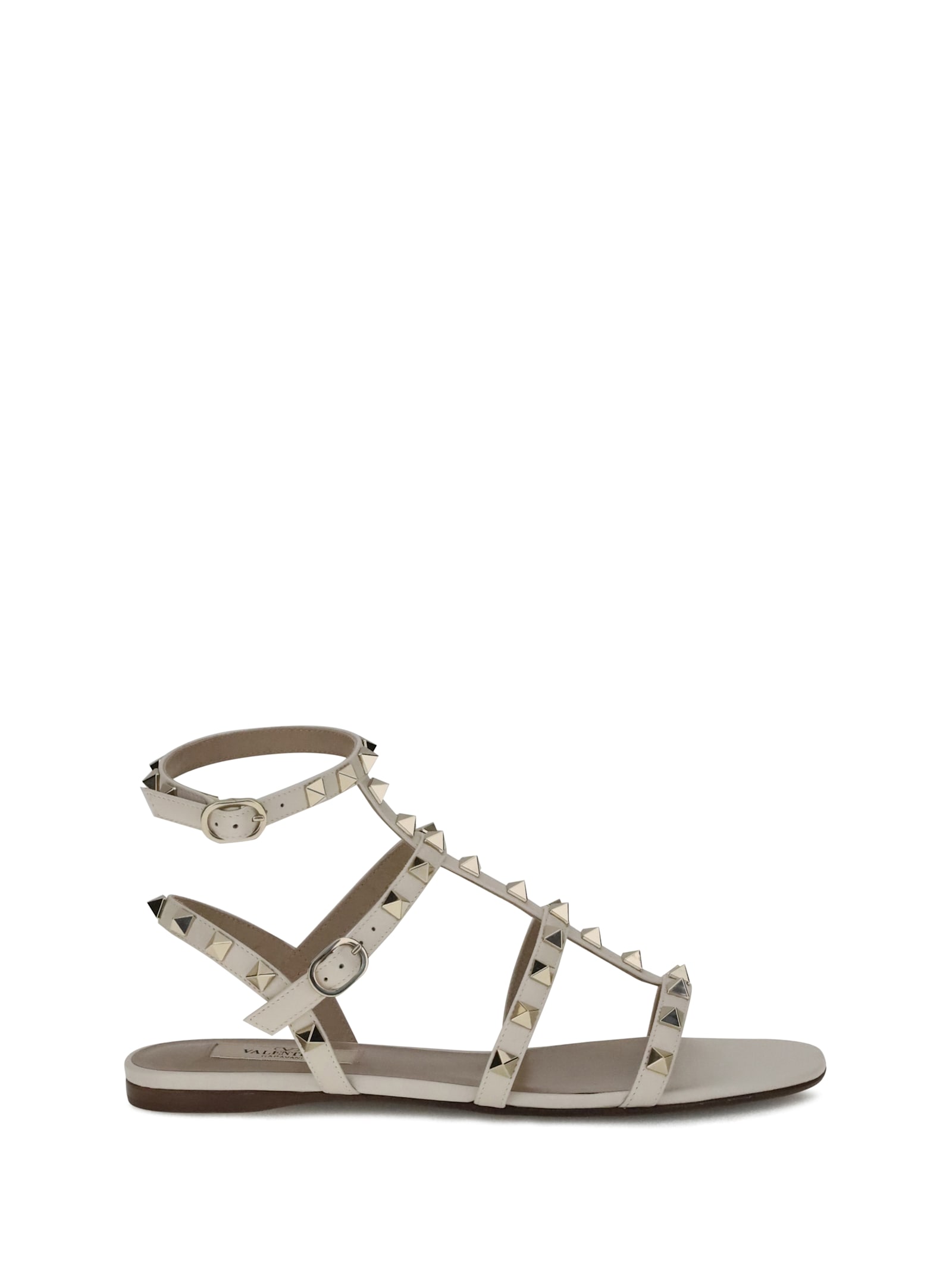 Valentino Round Toe Studded Leather Sandals In Neutral