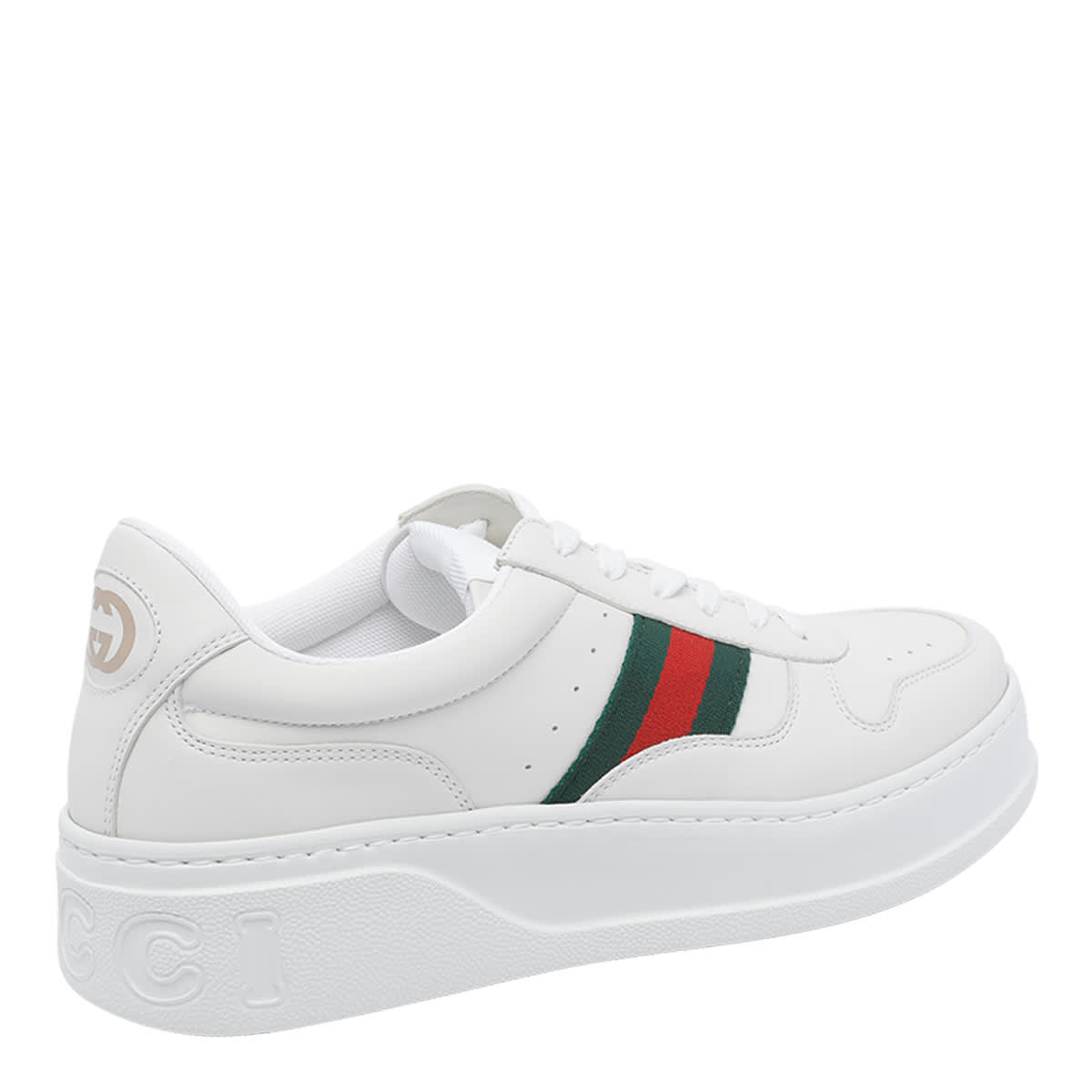 Gucci Men White Sneakers With Web Detail And Oversized Sole In Leather Man In White