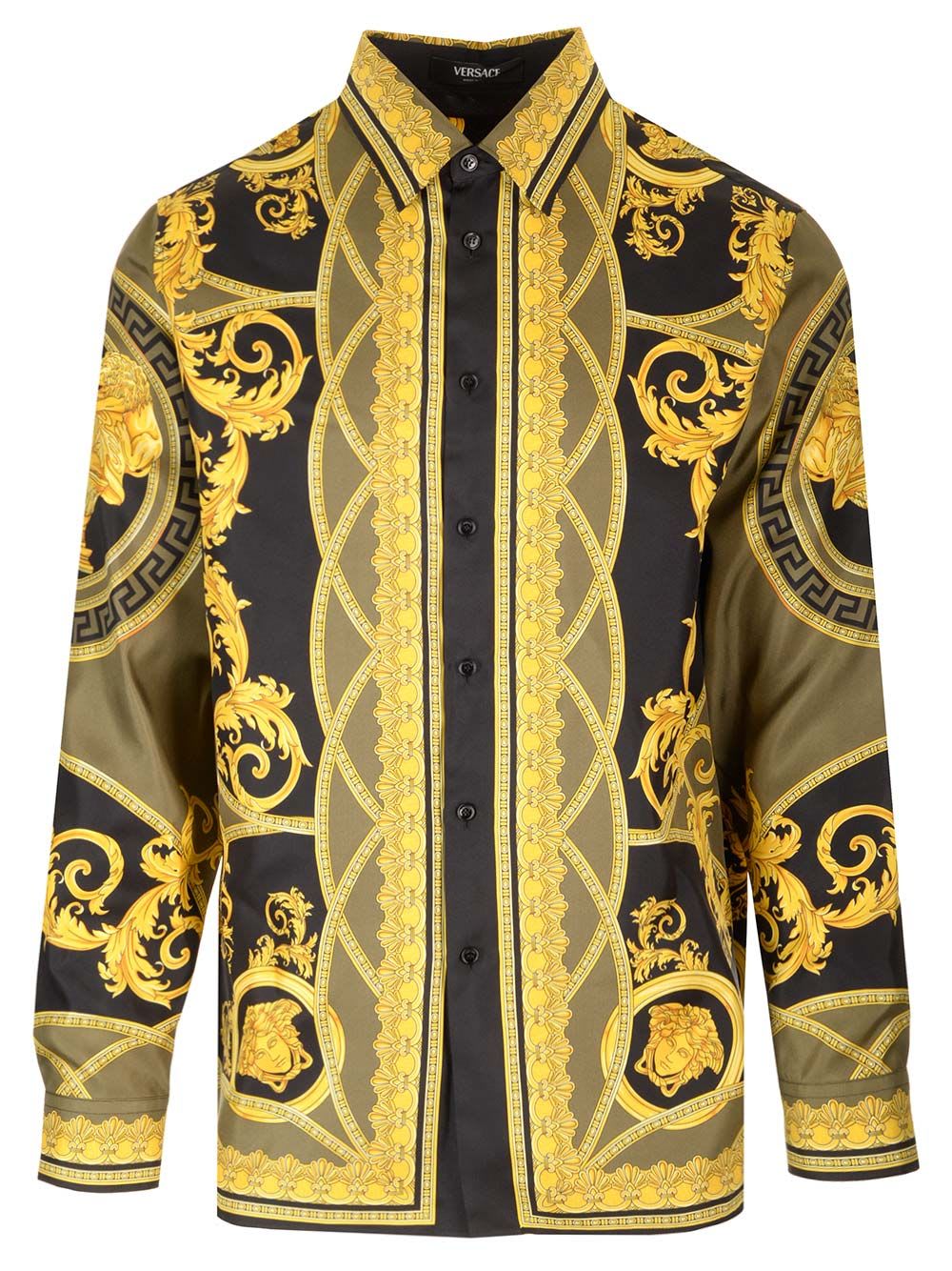 Shop Versace Camicia In Seta The Cup Of The Gods In Black/yellow