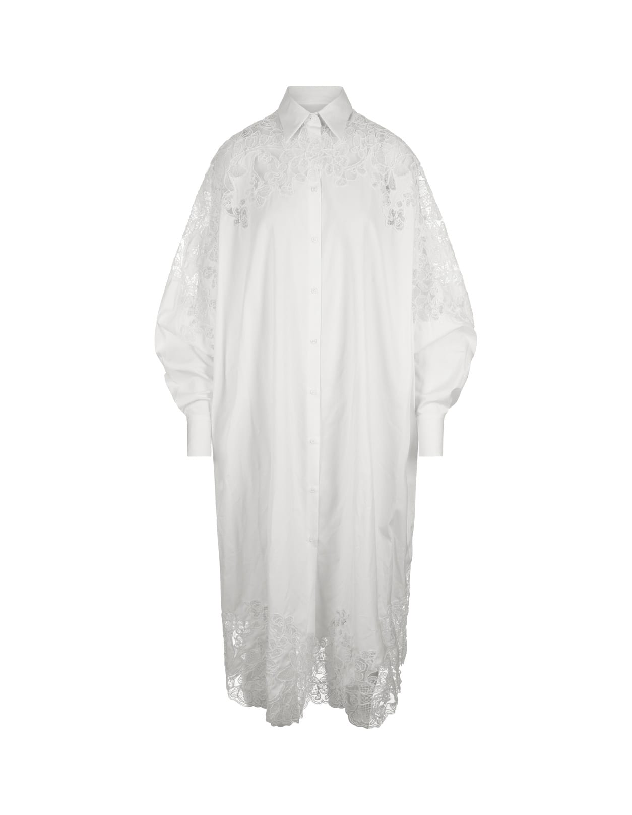 White Oversized Shirt Dress With Lace
