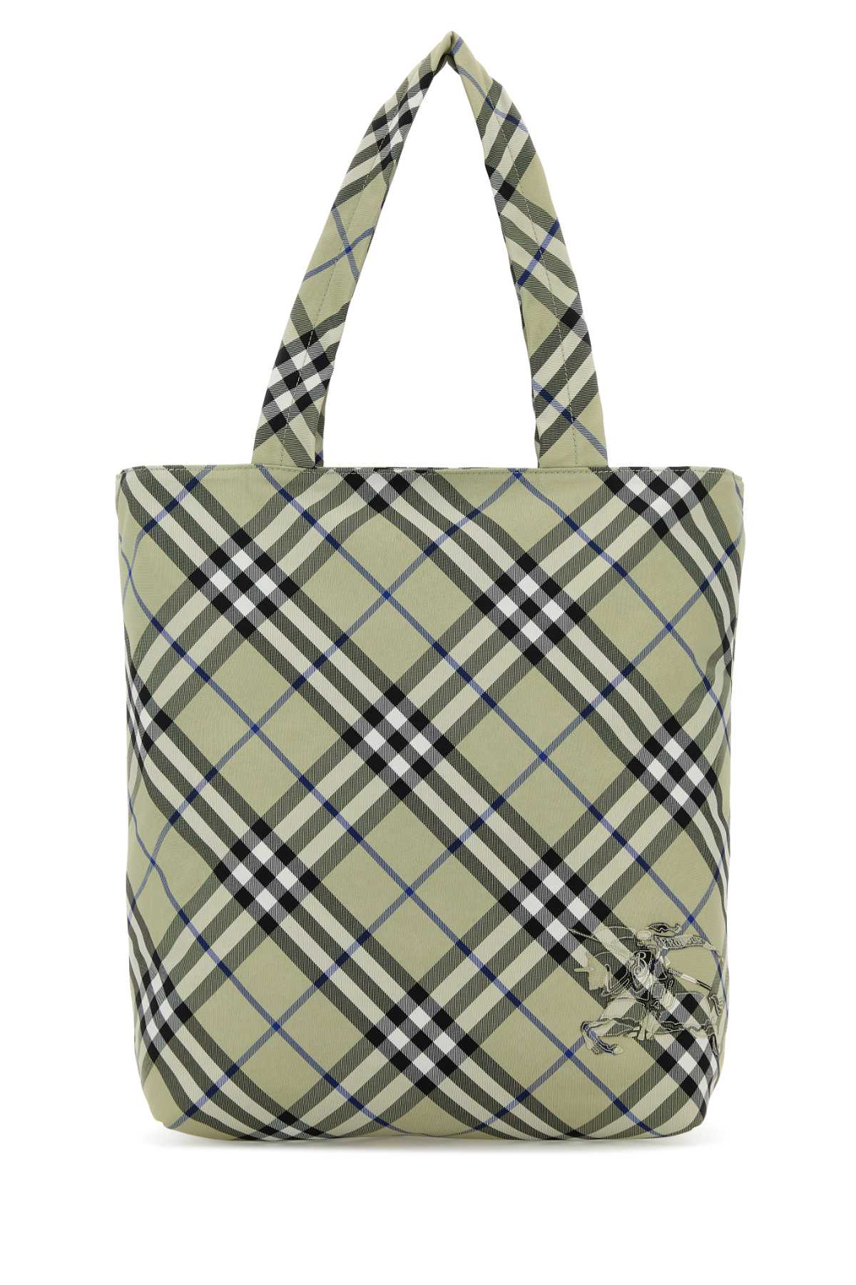 Shop Burberry Embroidered Canvas Check Shopping Bag In Lichen