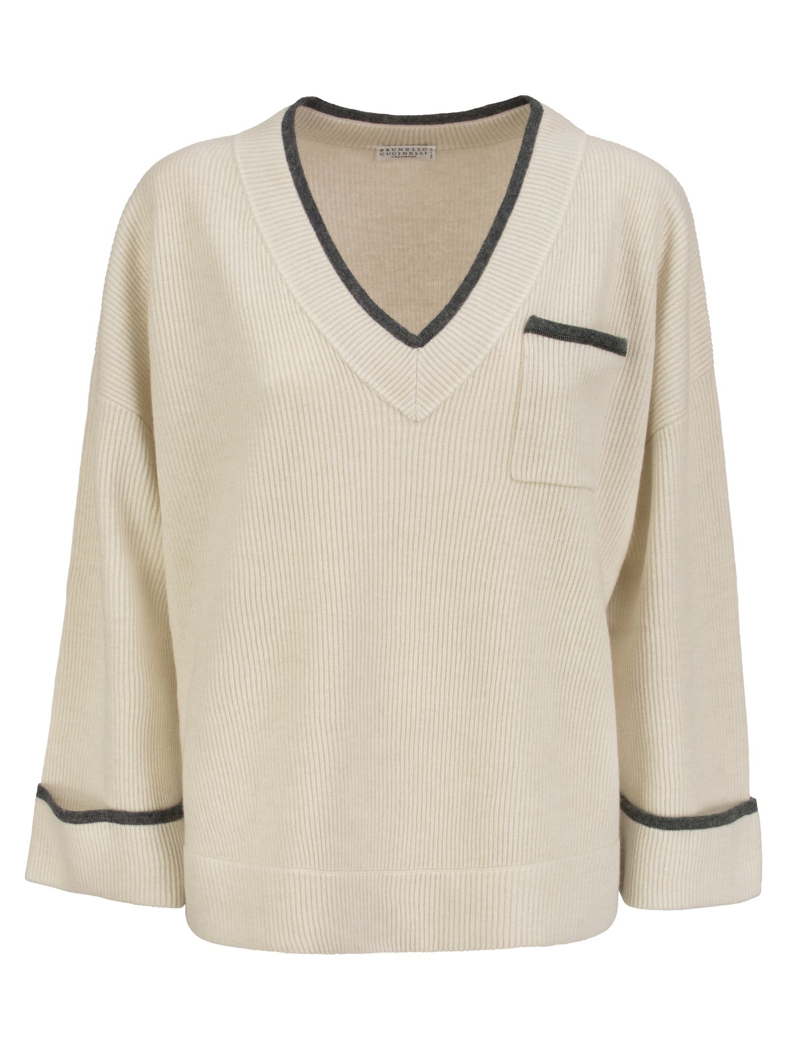 Brunello Cucinelli English Rib Cashmere Sweater With Contrasting Edging And shiny Pocket