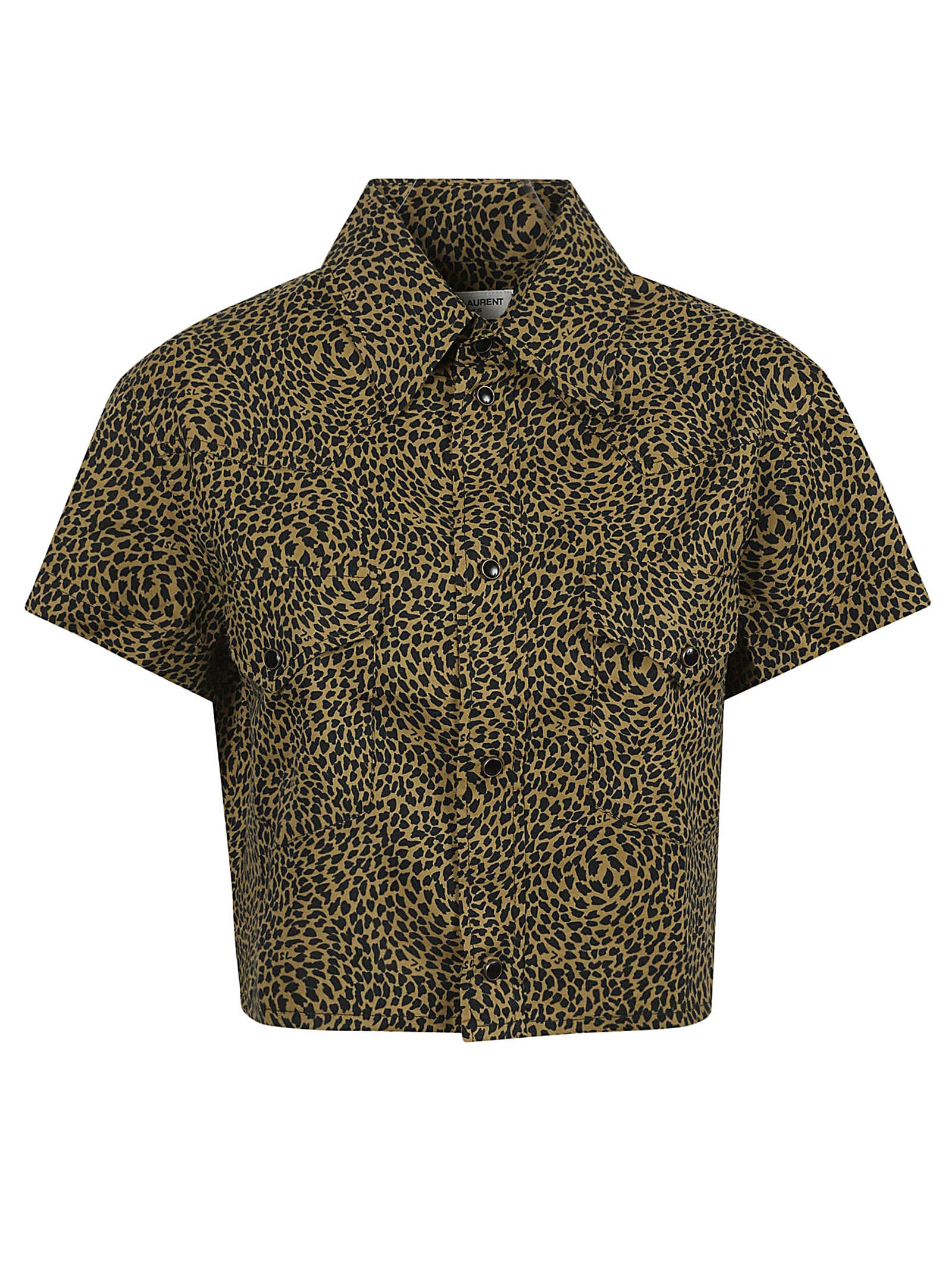 Saint Laurent Warped Leopard Print Short Sleeve Crop Snap-up Shirt