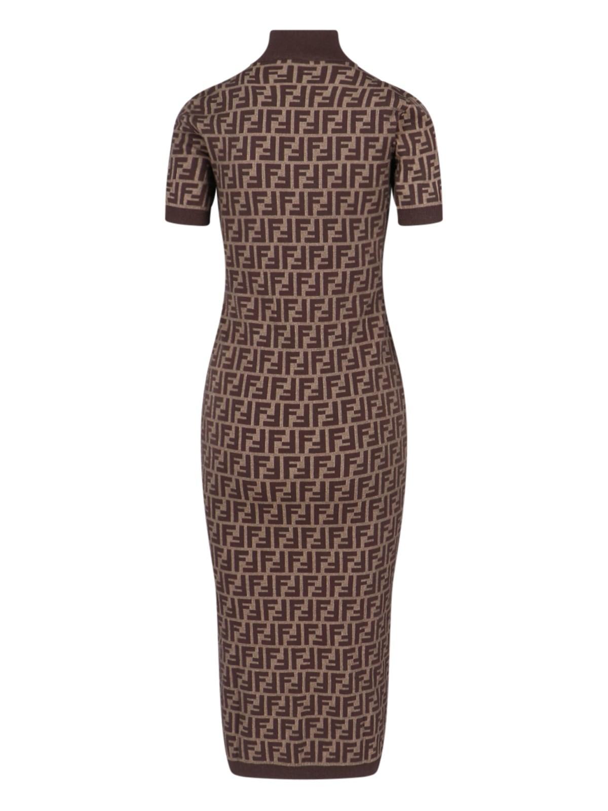 Shop Fendi Ff Sheath Midi Dress In Brown