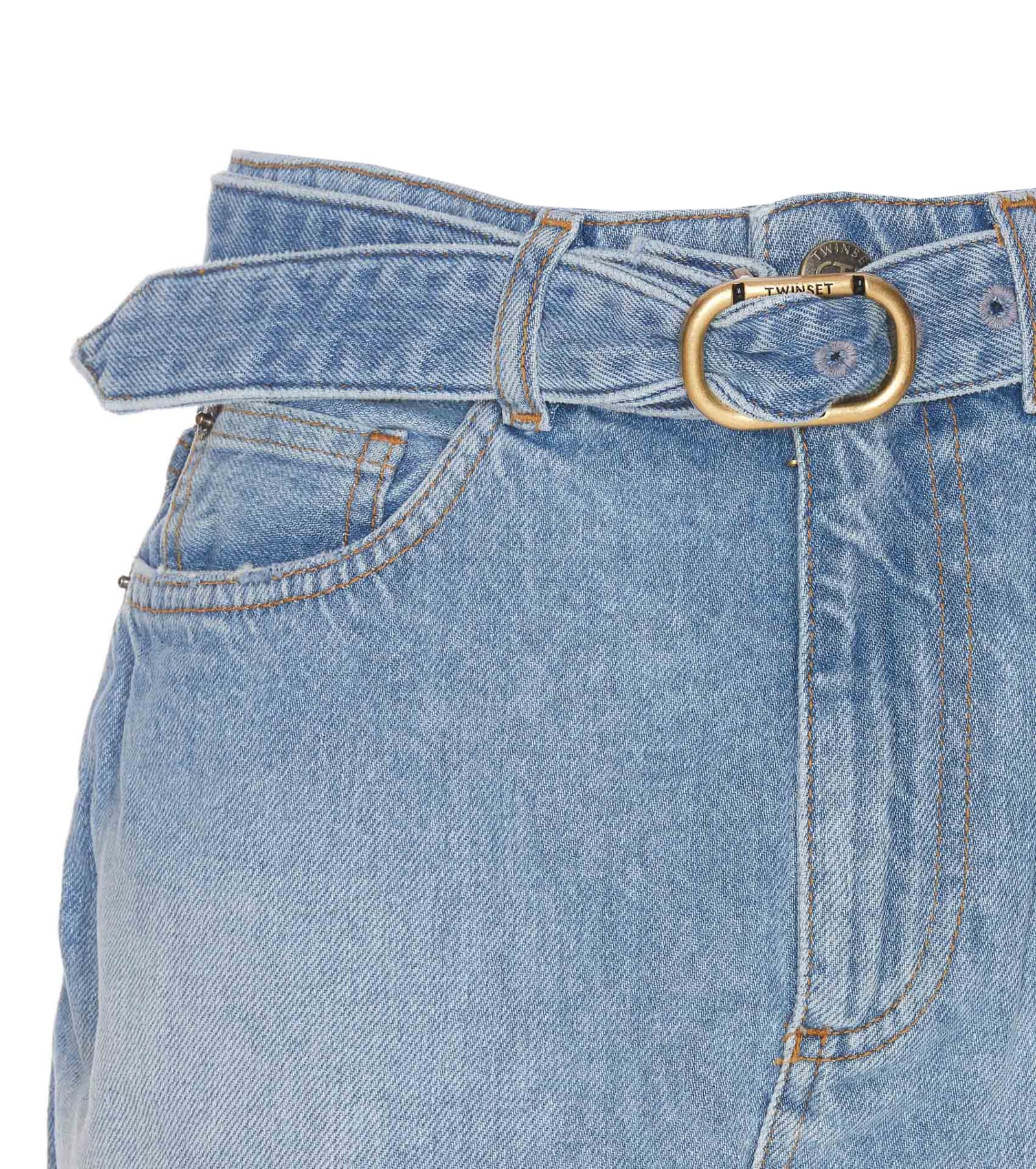 Shop Twinset Denim Mini Skirt With Oval T Belt In Blue