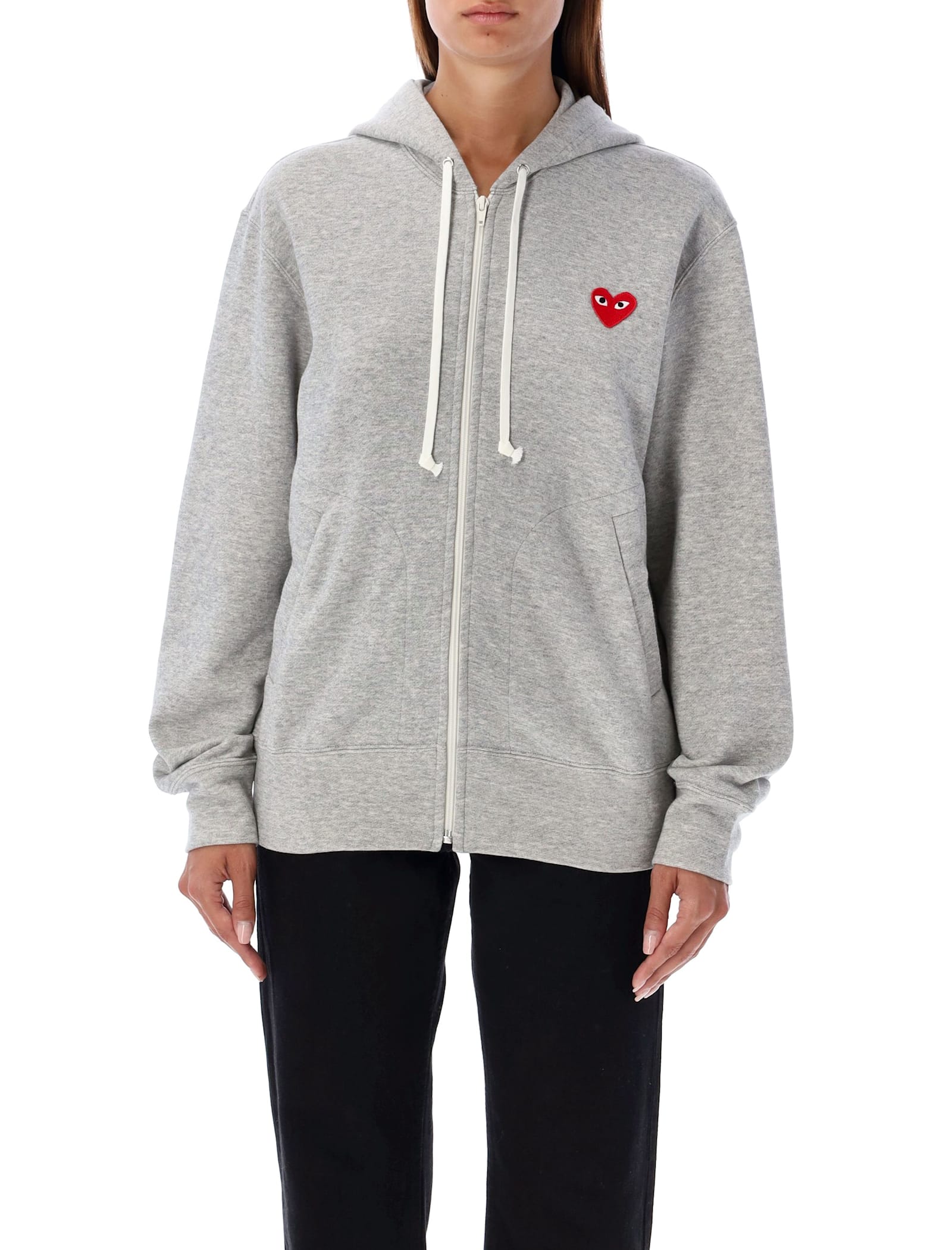 Shop Comme Des Garçons Play Red Heart Zipped Hoodie In Grey