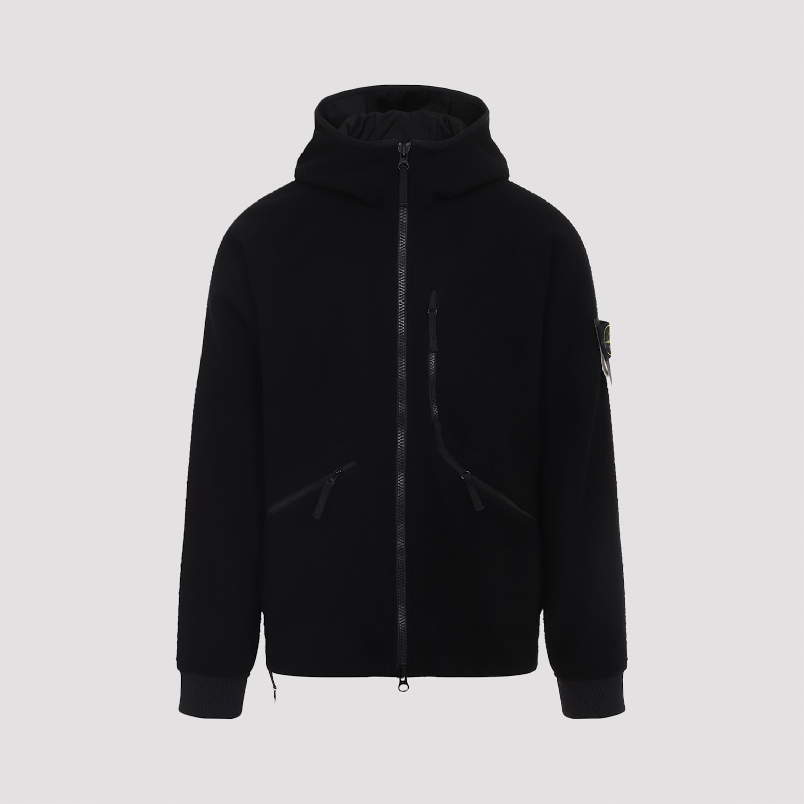 Stone Island Textured Wool Blend Jacket With Hood In Black