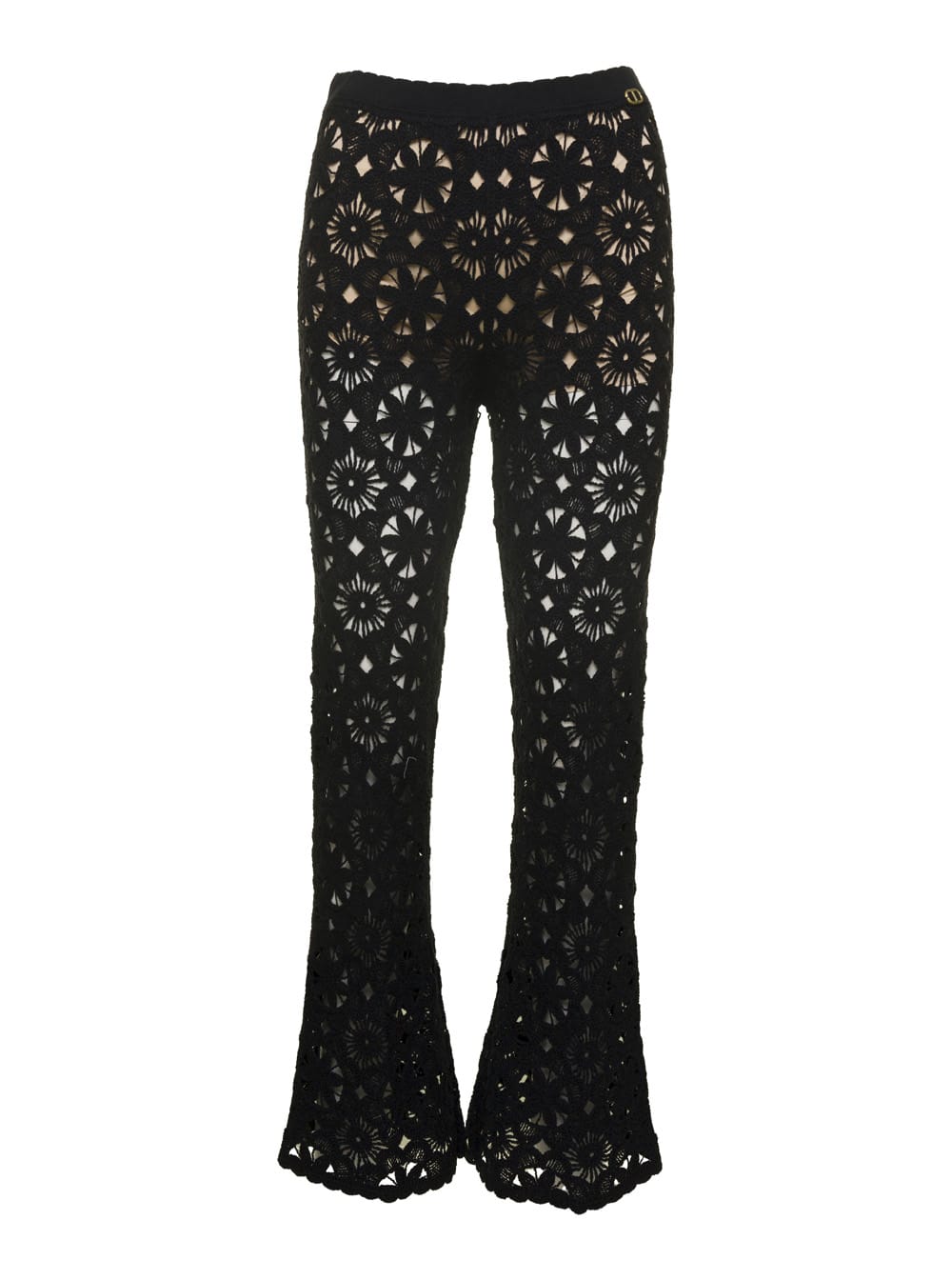 Shop Twinset Black Flared Pants With Crochet Work In Cotton Woman