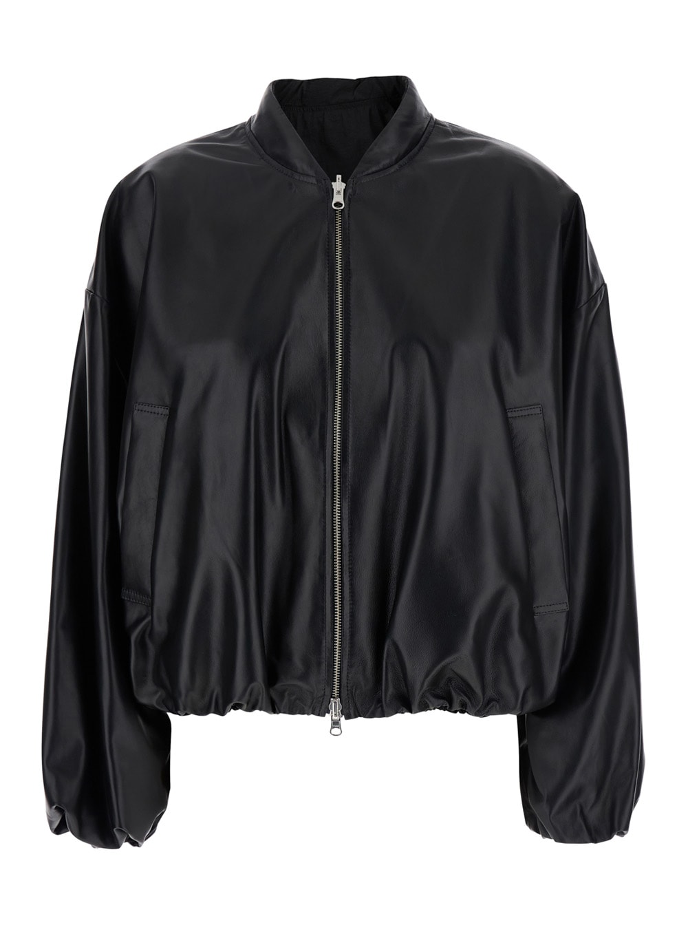 nova Black Bomber Jacket With Front Zip Closure In Leather Woman