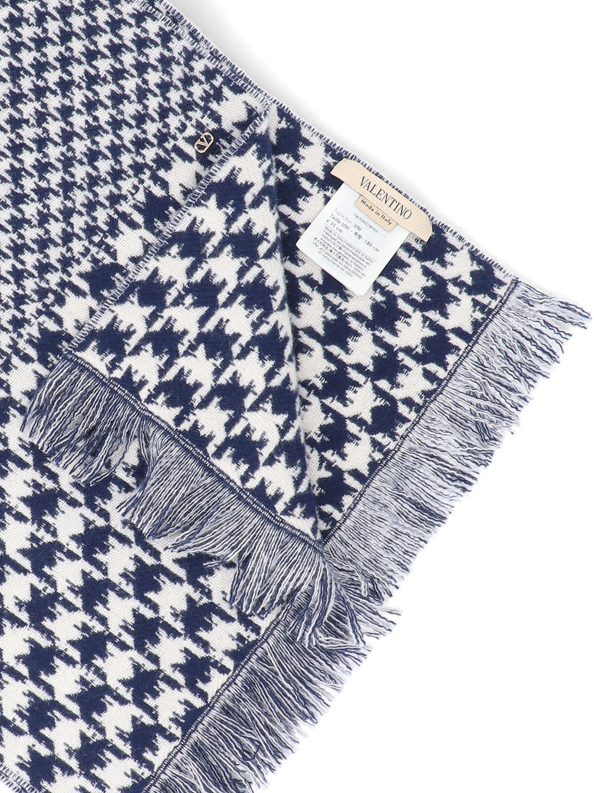 Valentino Houndstooth Pattern Scarf Fringed Edges In Gray