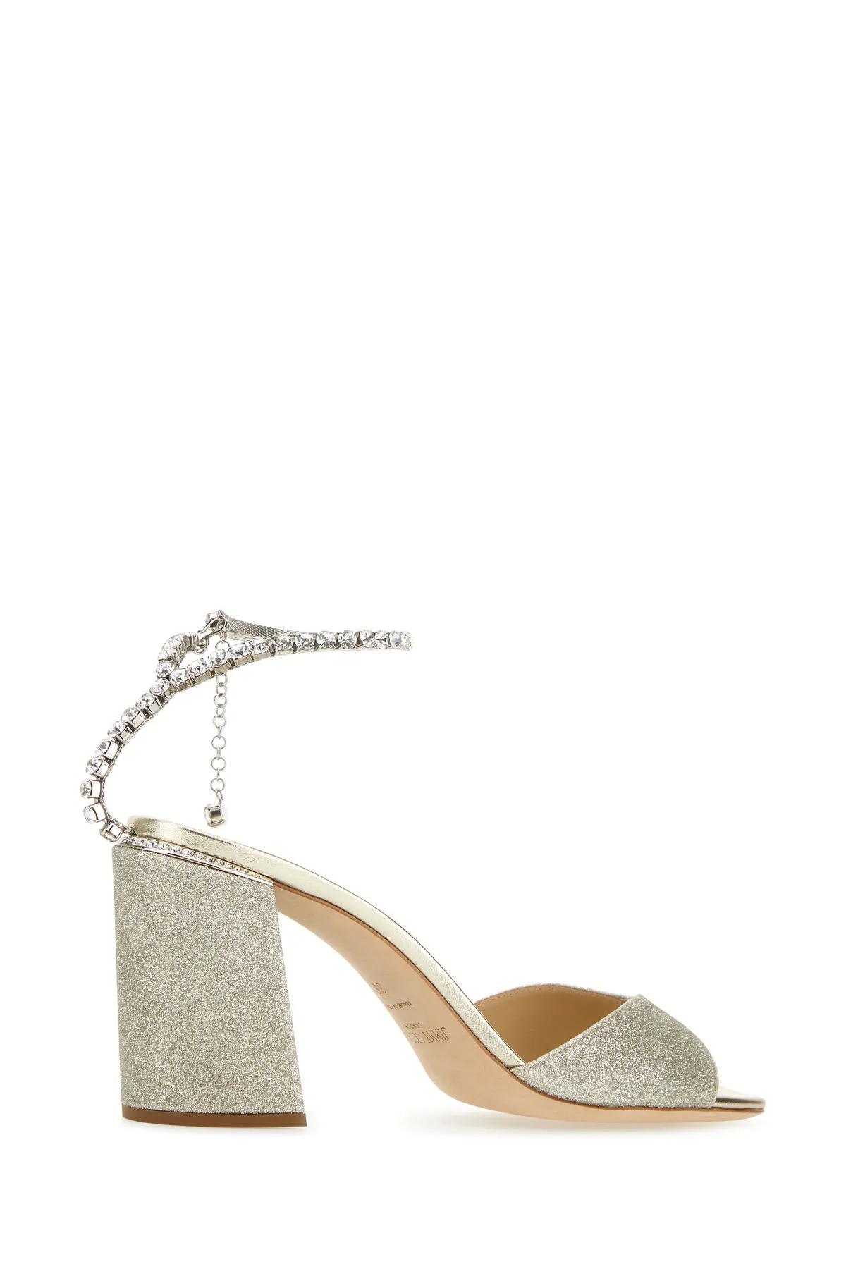 Shop Jimmy Choo Embellished Fabric Saeda 85 Sandals In Platinum Ice/crystal