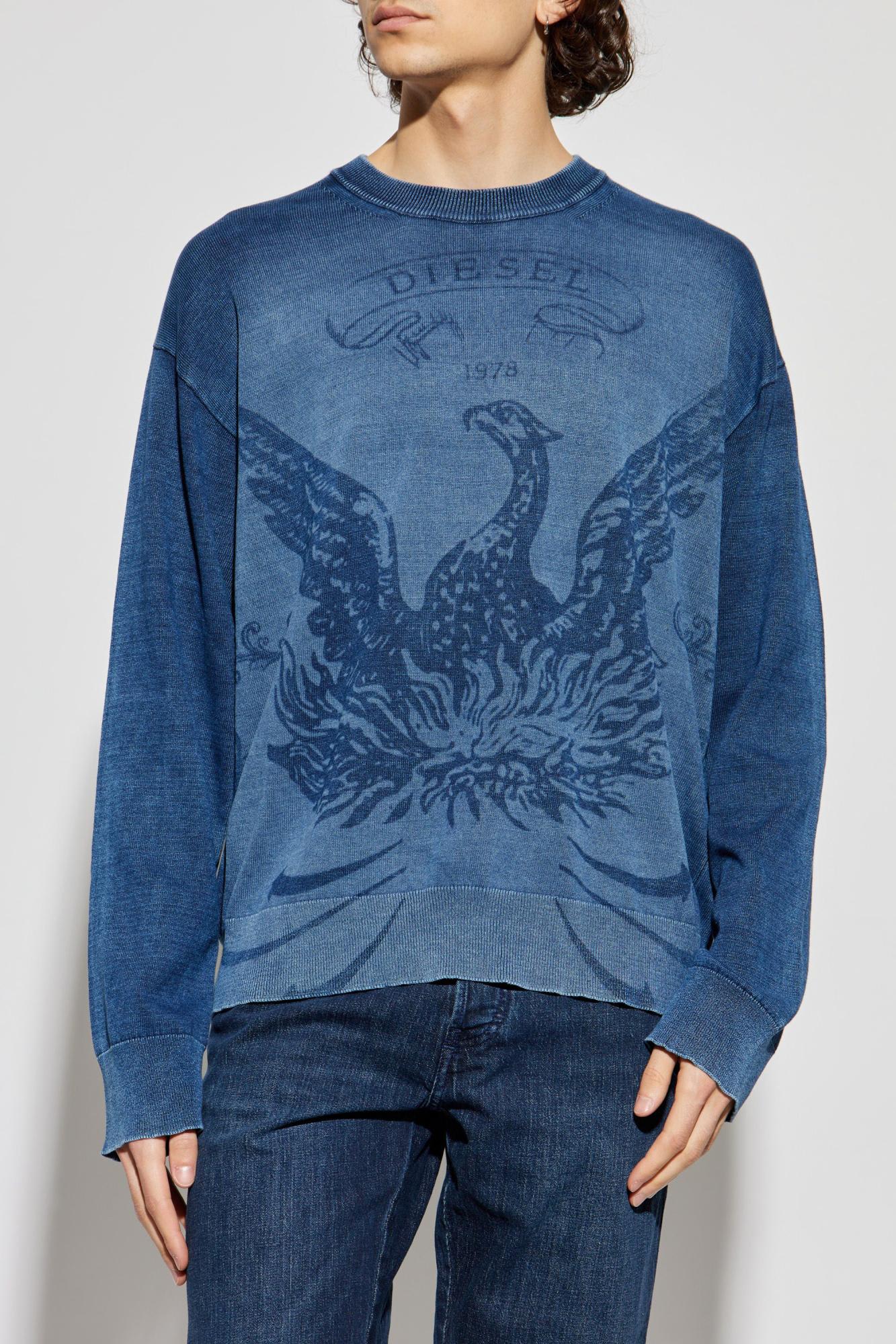 Diesel Phoenix Graphic Crewneck Sweater With Washed Effect In Blue