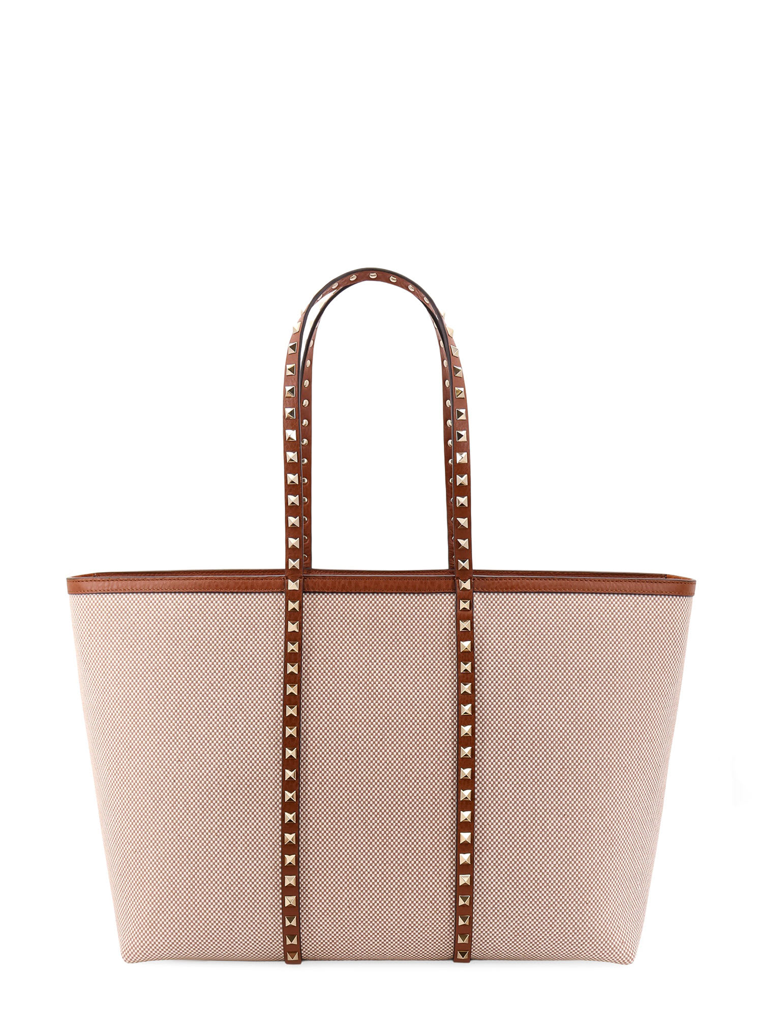 Valentino Canvas And Leather Shoulder Bag With Iconic Studs In Sand