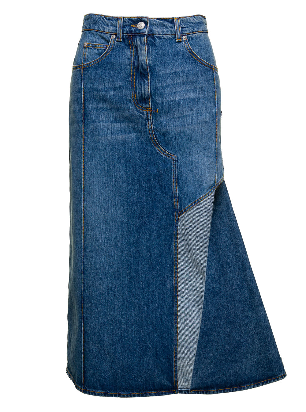 Shop Alexander Mcqueen Midi Light Blue Skirt With Wide Front Split In Cotton Denim Woman