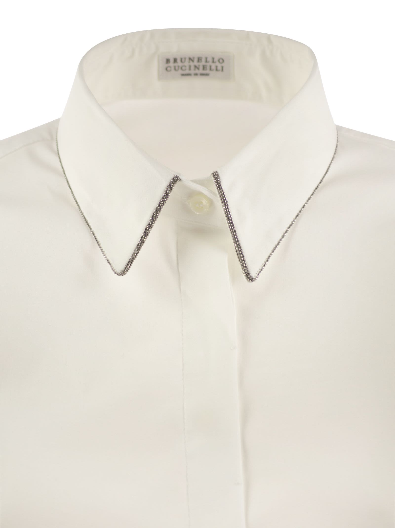 Shop Brunello Cucinelli Stretch Cotton Poplin Shirt With Shiny Trim In White