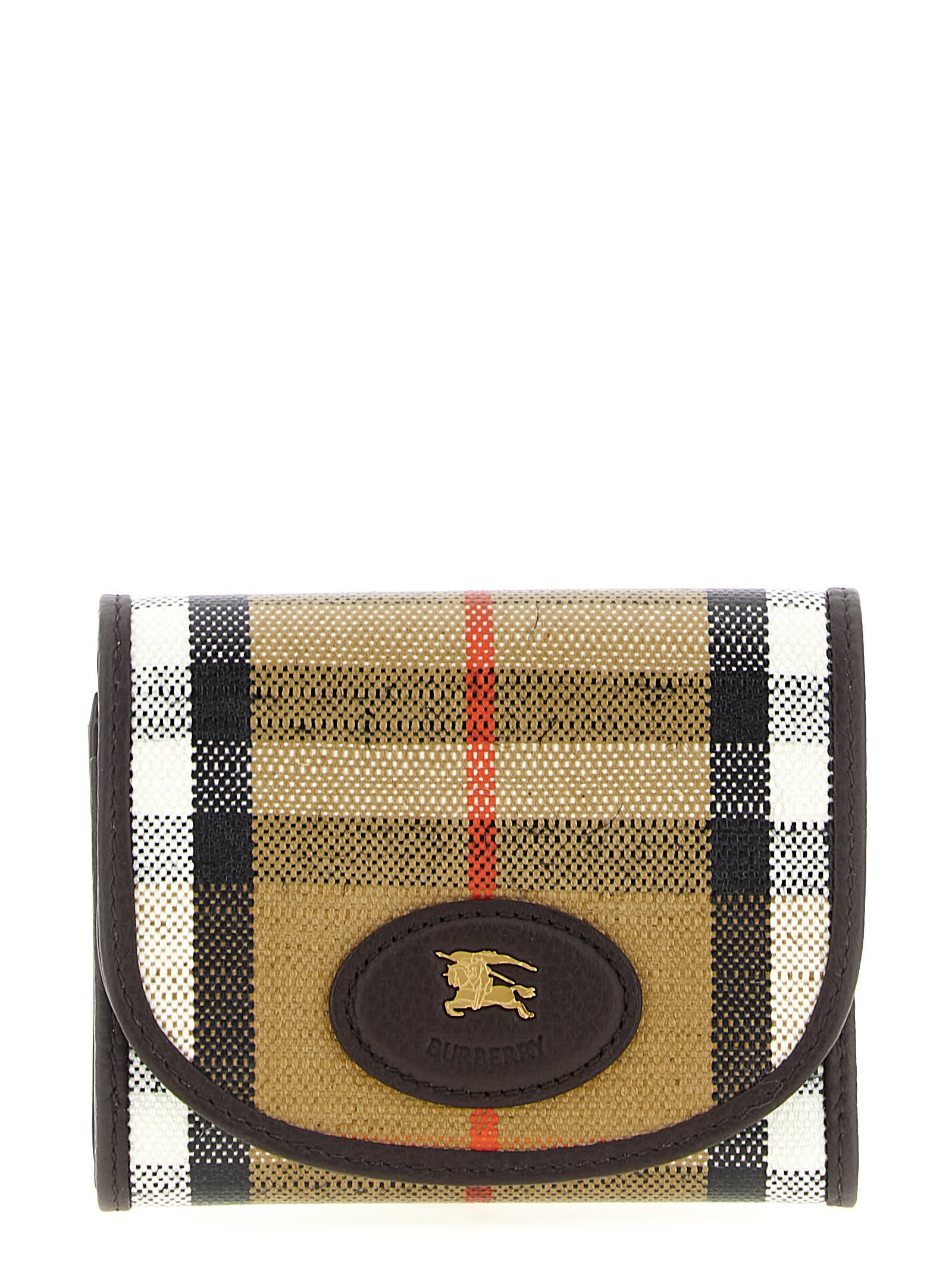 Burberry Compact Wallet With Leather Inserts In Check Pattern In Sand