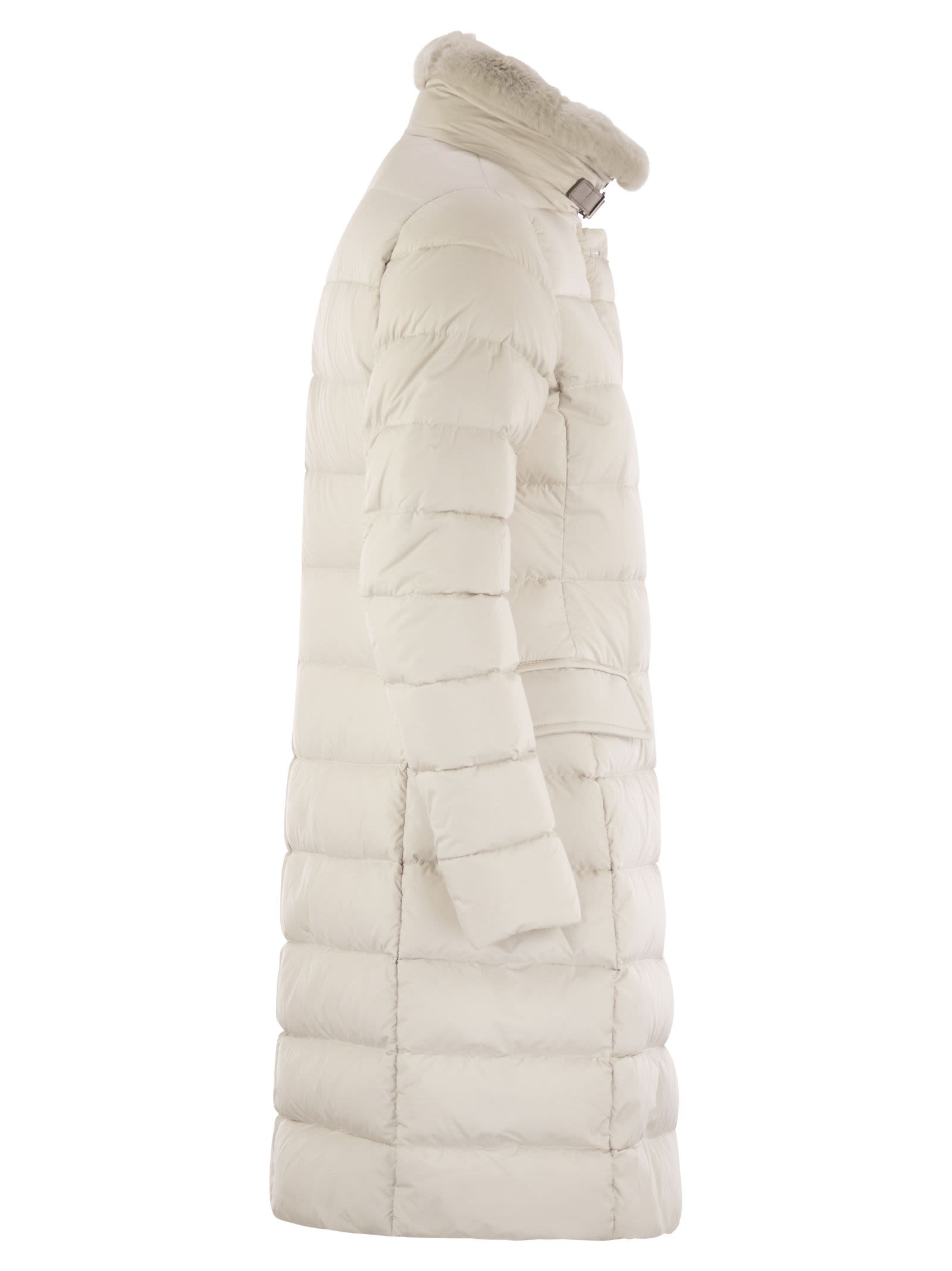 Moorer Vetiver-s3 Quilted Rabbit-fur Collar Jacket In Neutral