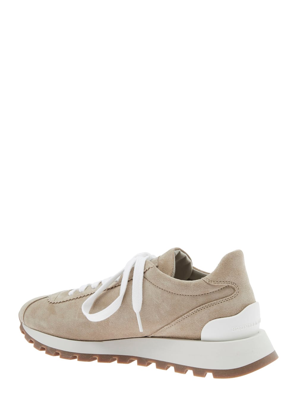Brunello Cucinelli Beige Low Top Sneakers With Monil Detail On The Side And Embossed Logo Lettering On The Rear In Leat