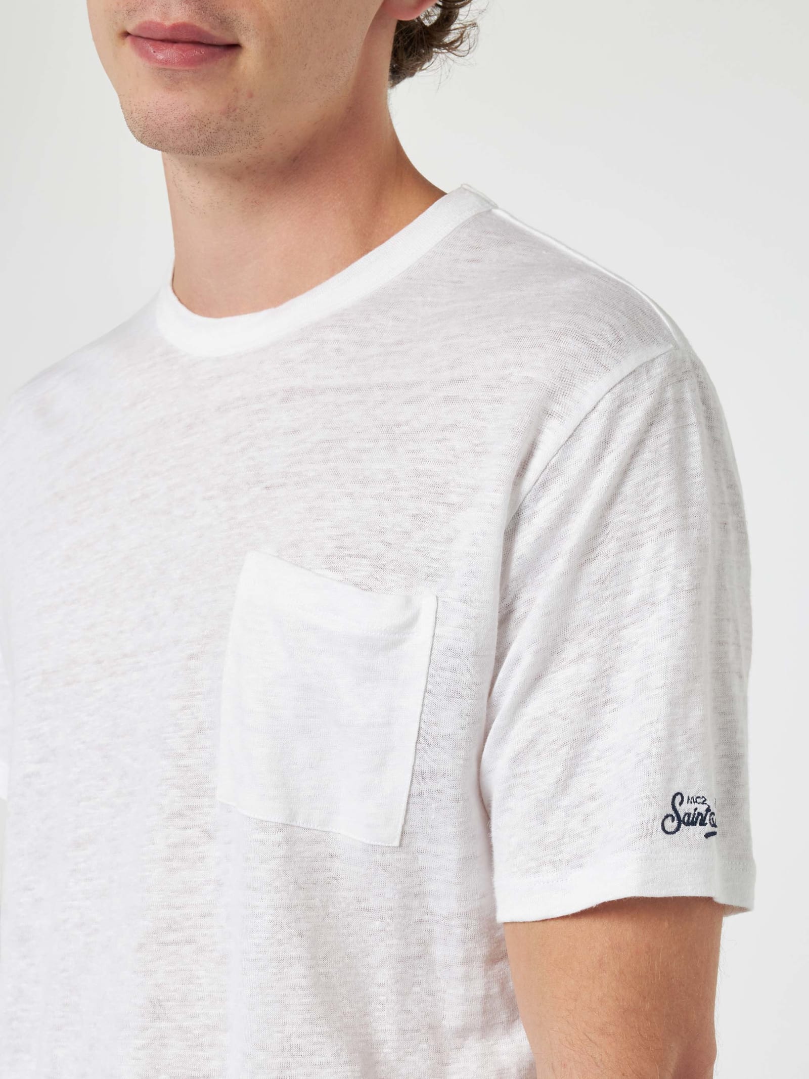 Mc2 Saint Barth Man Off-white Linen Jersey T-shirt Ecstasea With Pocket In White