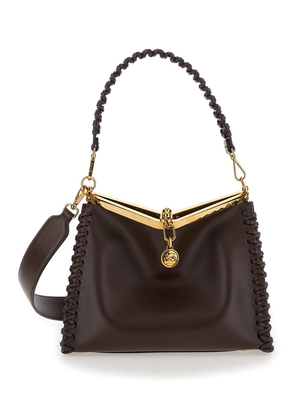 Shop Etro Vela Brown Shoulder Bag With Thread Work In Leather Woman