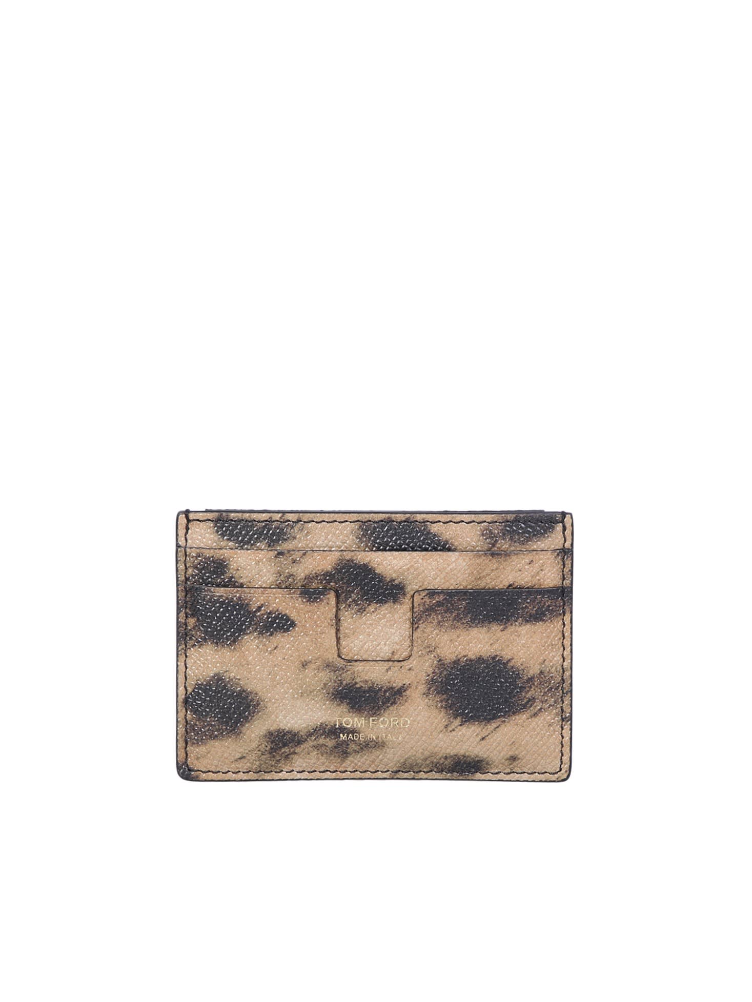 Tom Ford Logo Print To The Front. Leopard Motif. Card Slots. Sheepskin Lining. Logo In Gold-coloured Letters. In Beige