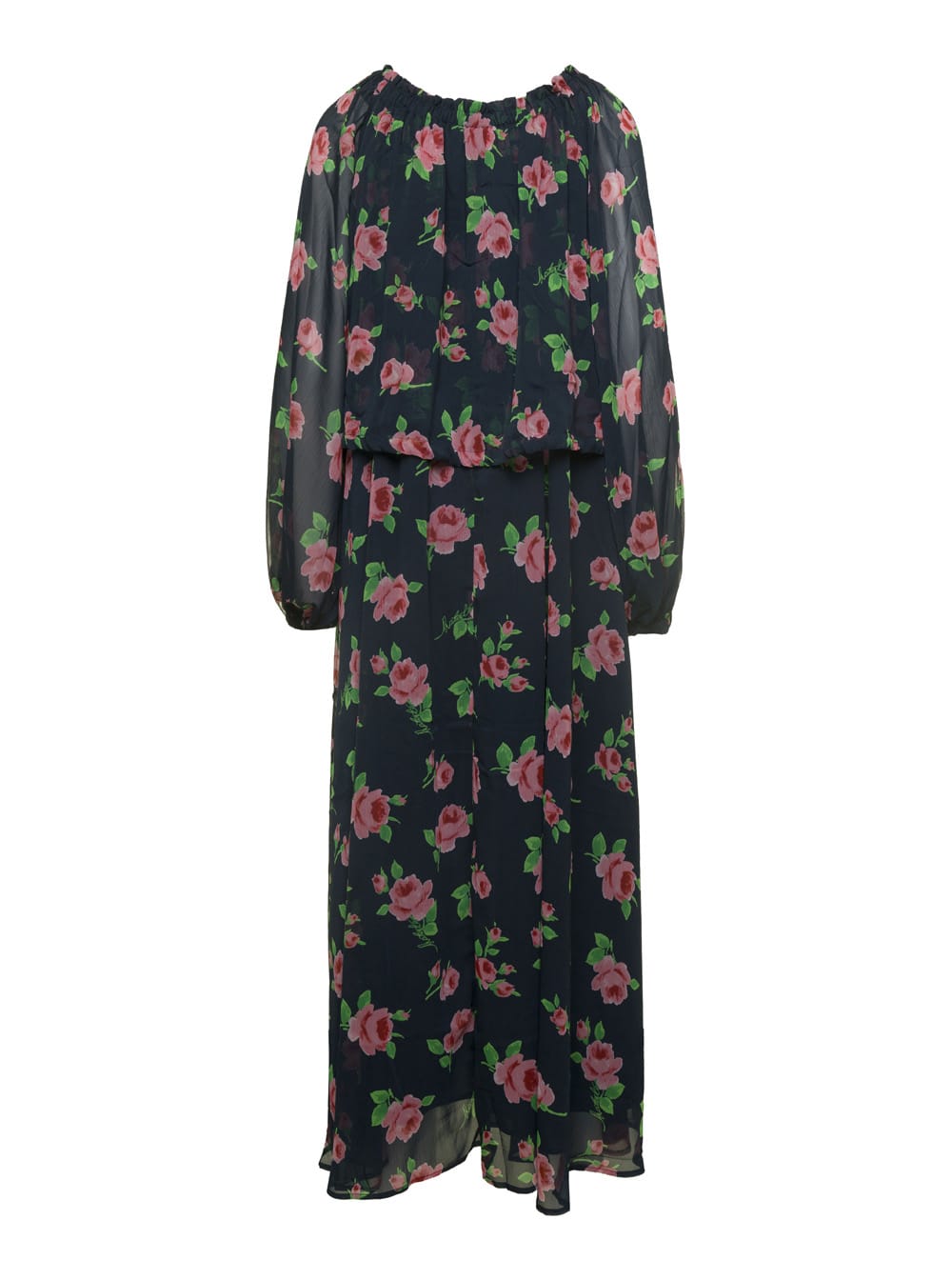 Shop Rotate Birger Christensen Maxi Multicolor Dress With All-over Roses Print In Chiffon Woman