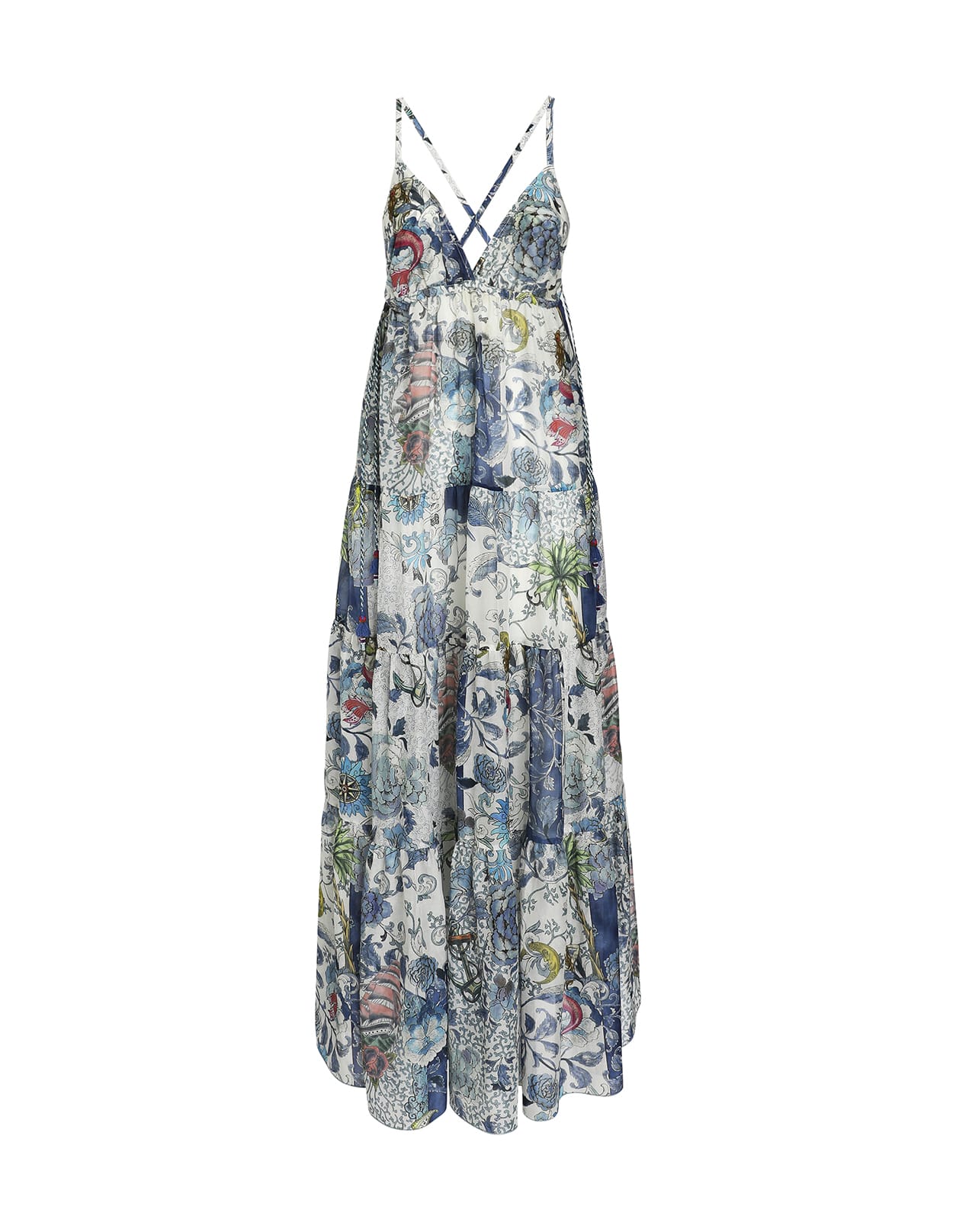 Etro Long White And Navy Blue Dress With Flowers And Tattoo Prints