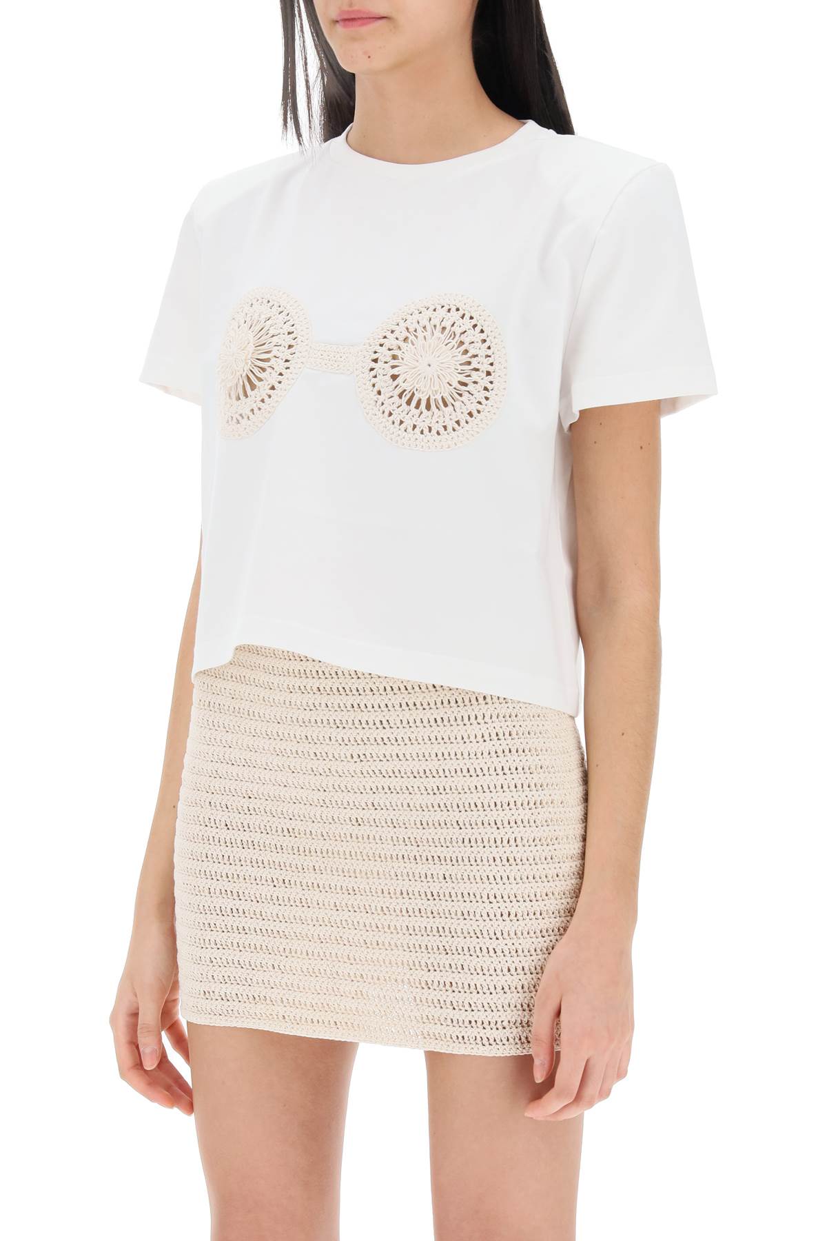 Magda Butrym Cropped Cotton T-shirt With Unique Front Embroidery In White (white)