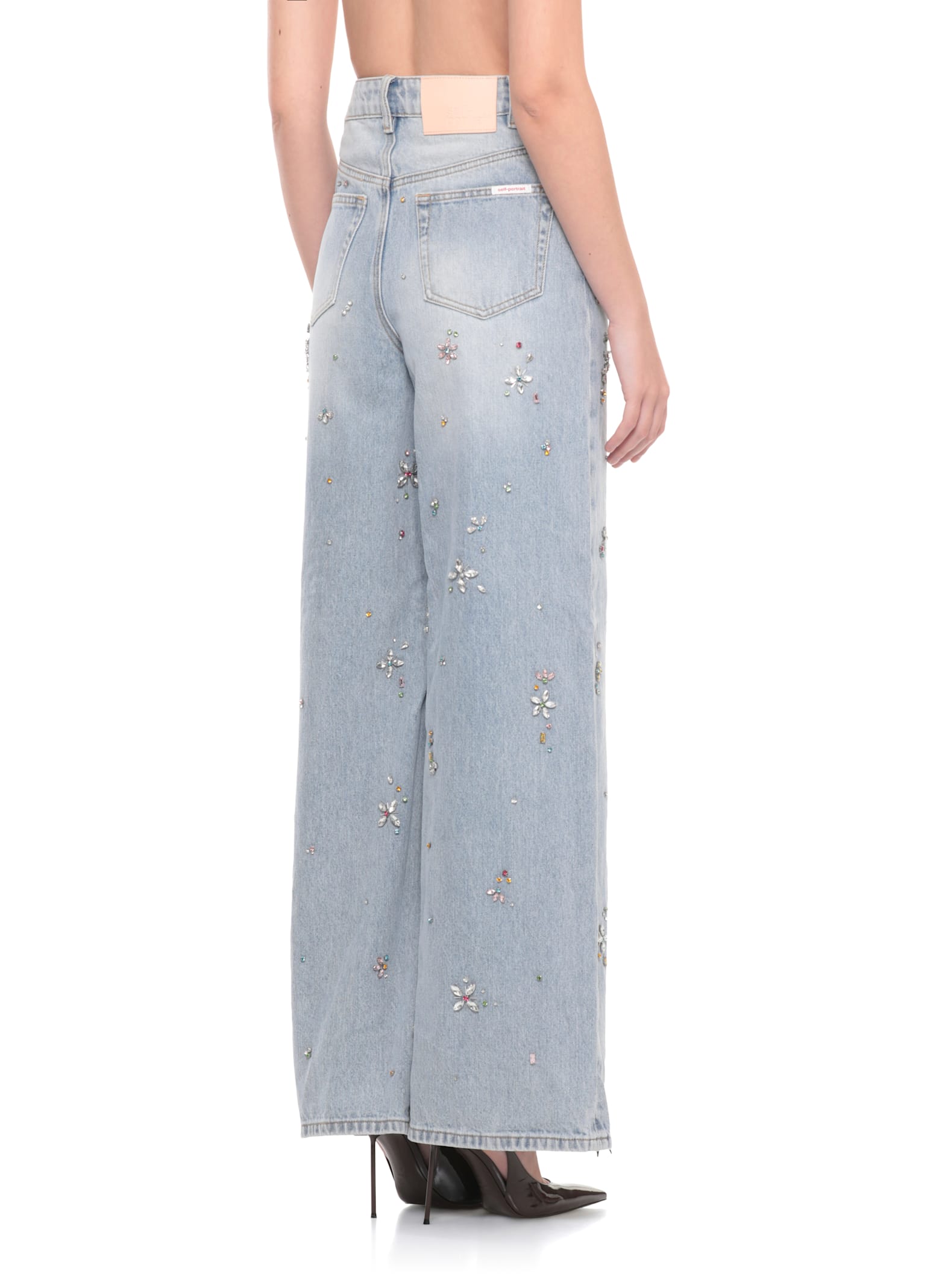 Self-portrait Wide-leg Jeans Featuring Strass Embellishments In Blue