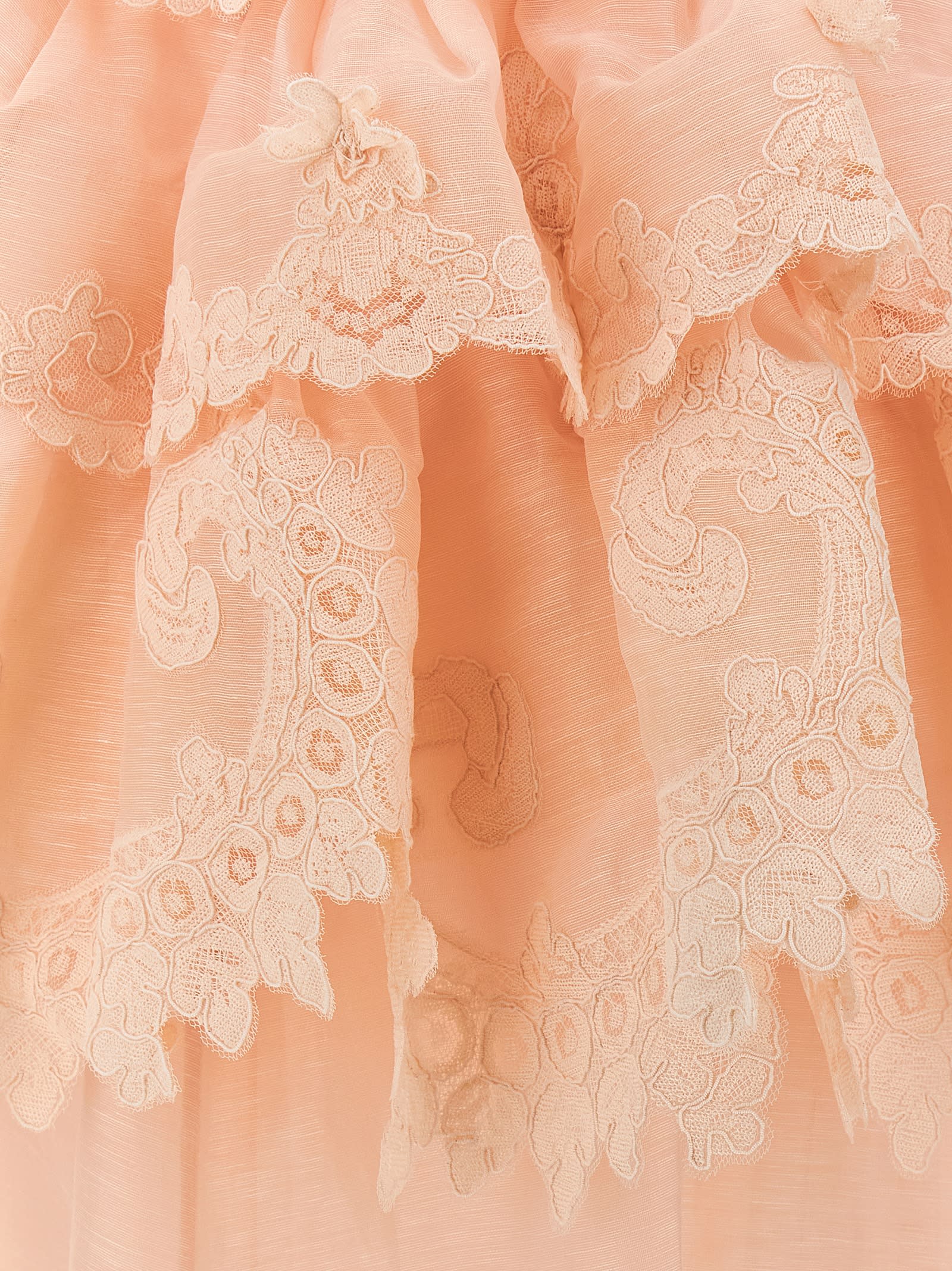 Zimmermann Linen And Silk Long Dress With Embroidered Flounces In Pale Pink