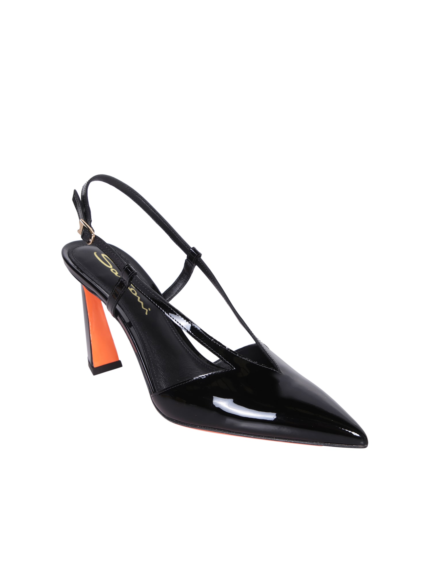 Shop Santoni Black Patent Leather Slingback Heels