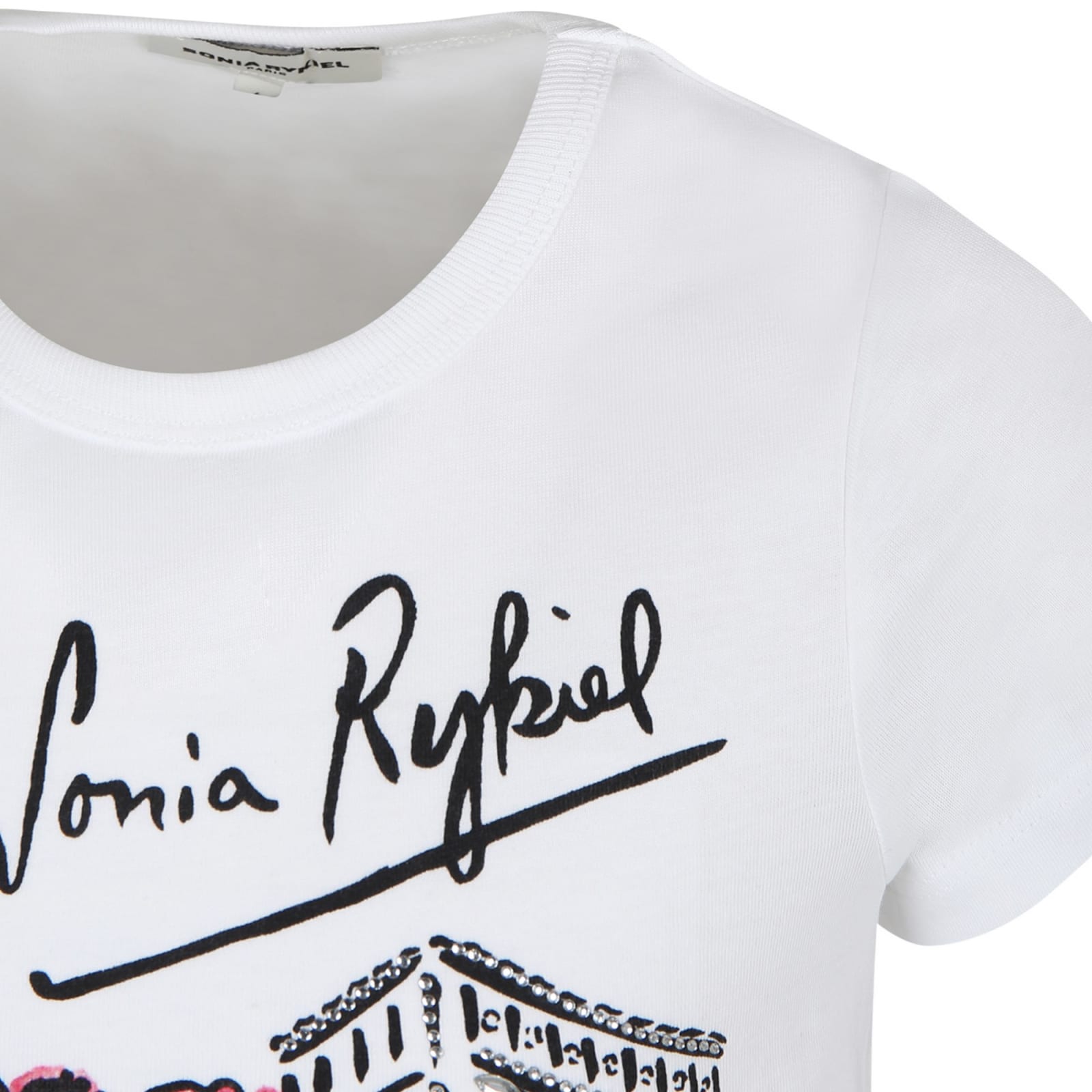 Shop Rykiel Enfant White T-shirt For Girl With Tour Eiffel Print And Rhinestones In Ivory
