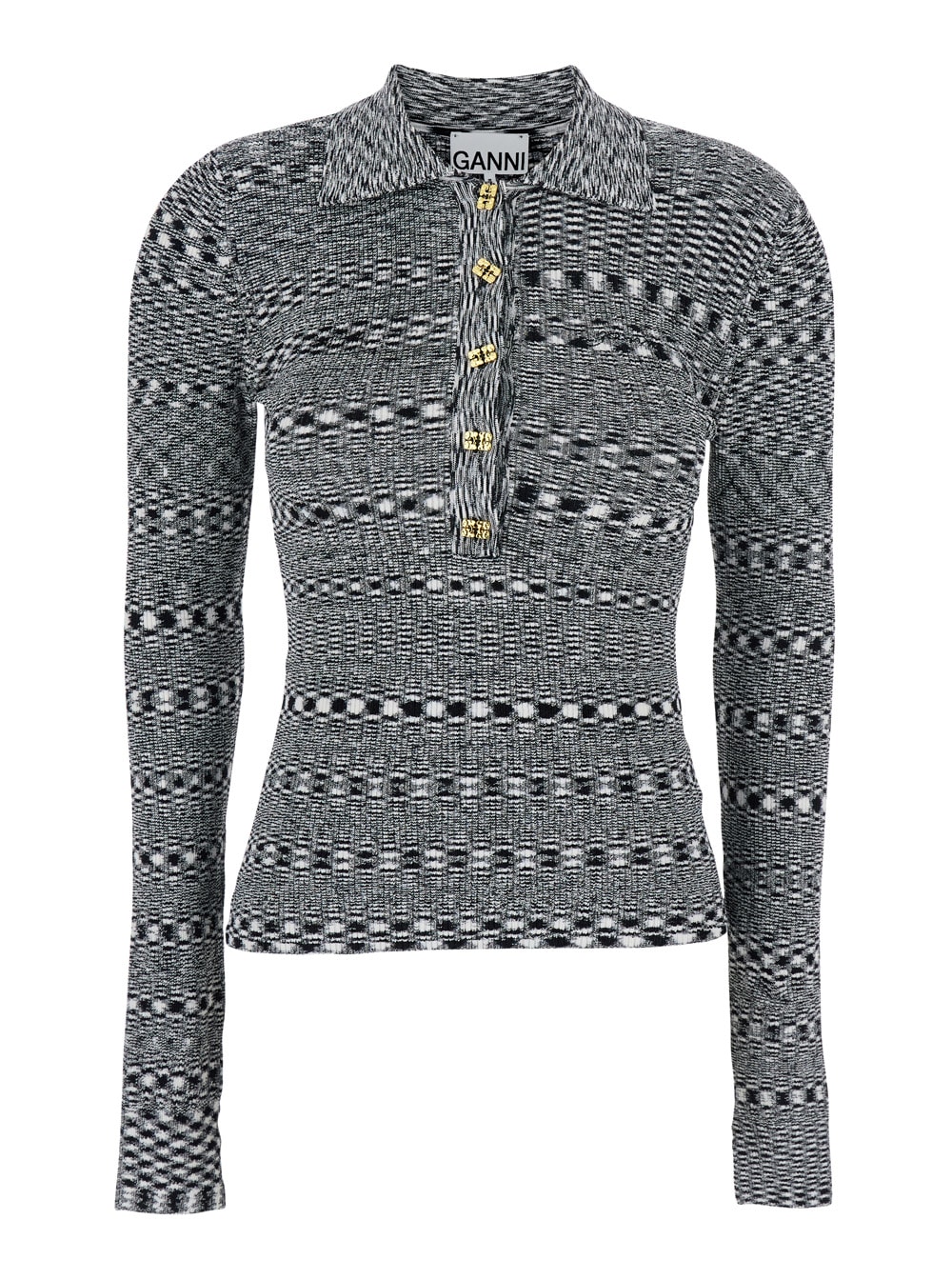 Ganni Black And White Polo Shirt With All-over Space-dye Effect And Button Closure In Fabric Woman In Gray
