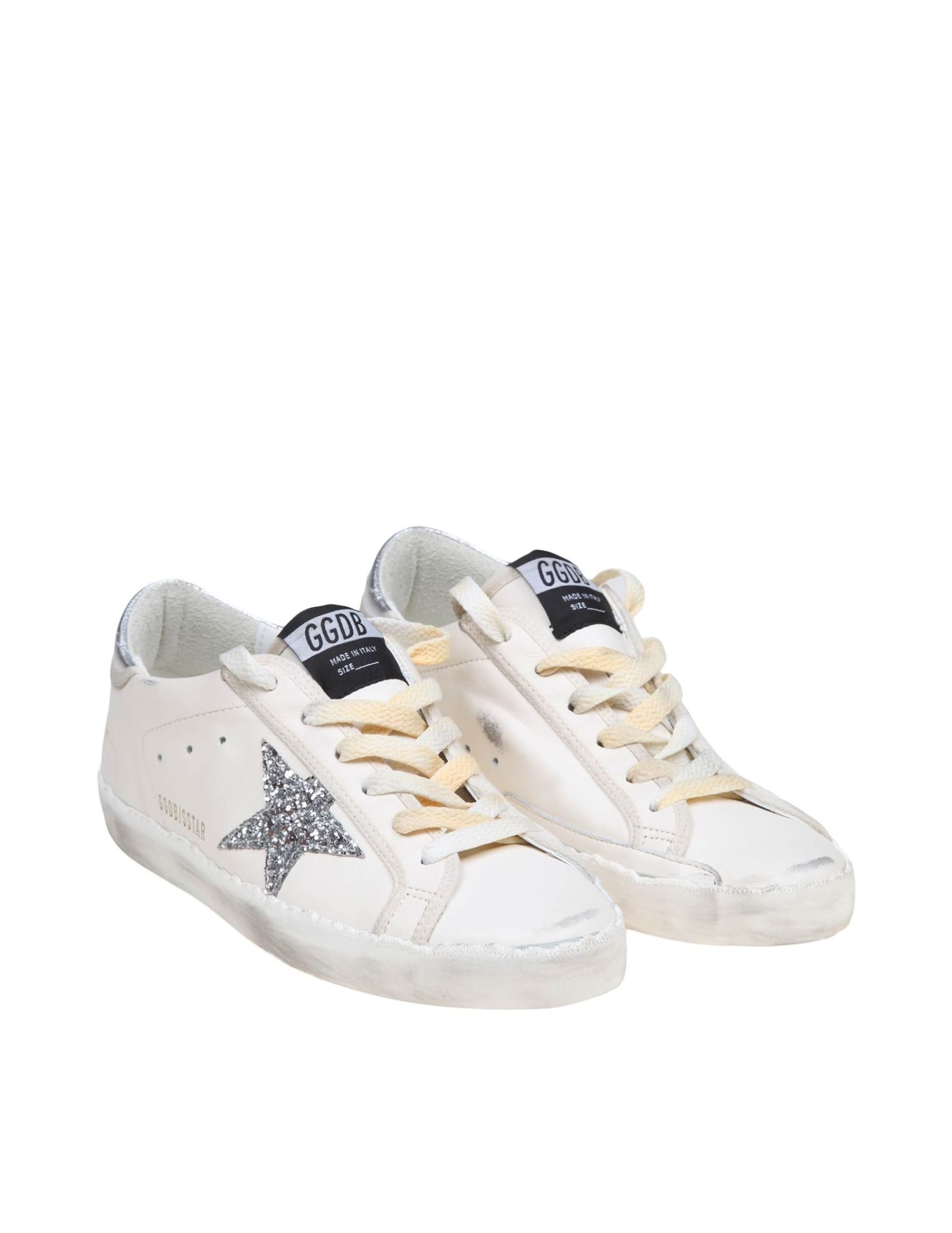 Shop Golden Goose Super-star Leather Sneakers With Silver Glitter Star In White/silver