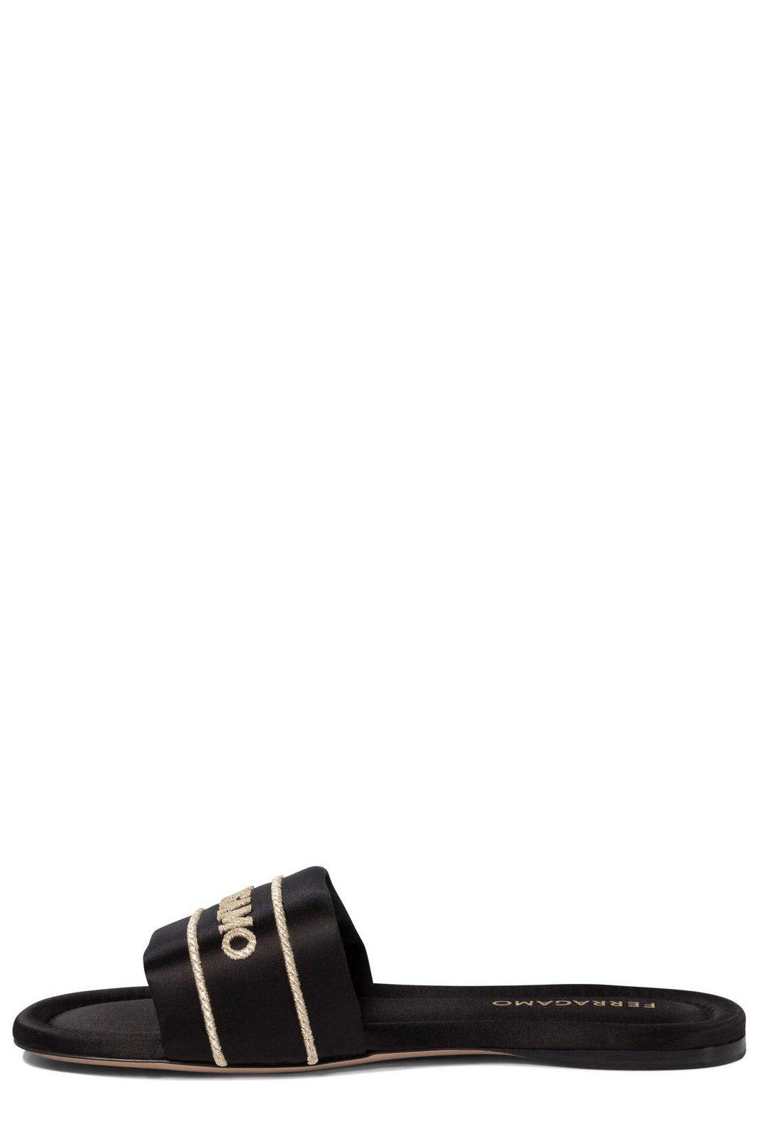 Ferragamo Open Toe Flat Sole Sandals In Black