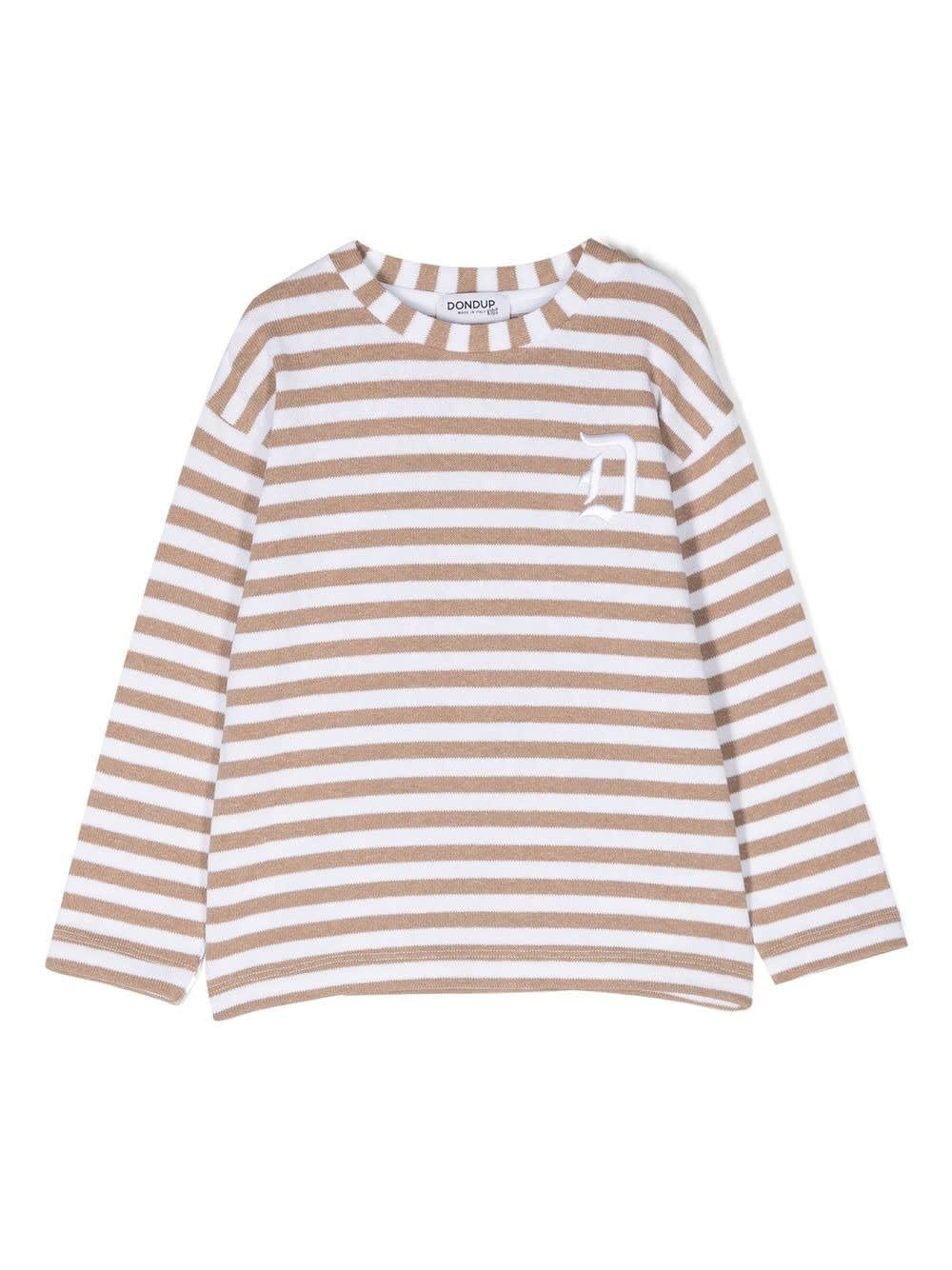 DONDUP BEIGE AND WHITE STRIPED PULLOVER WITH MONOGRAM