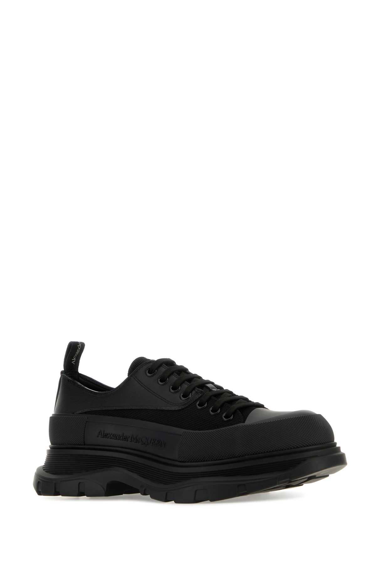 Shop Alexander Mcqueen Black Leather And Fabric Tread Slick Sneakers In Blackof.whitesilve