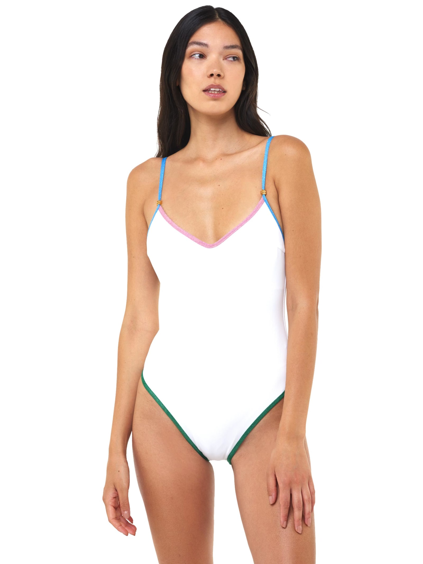 Mc2 Saint Barth Ribbed One Piece Swimsuit With Lurex Edges Filippa Lagerback Co-lab In White