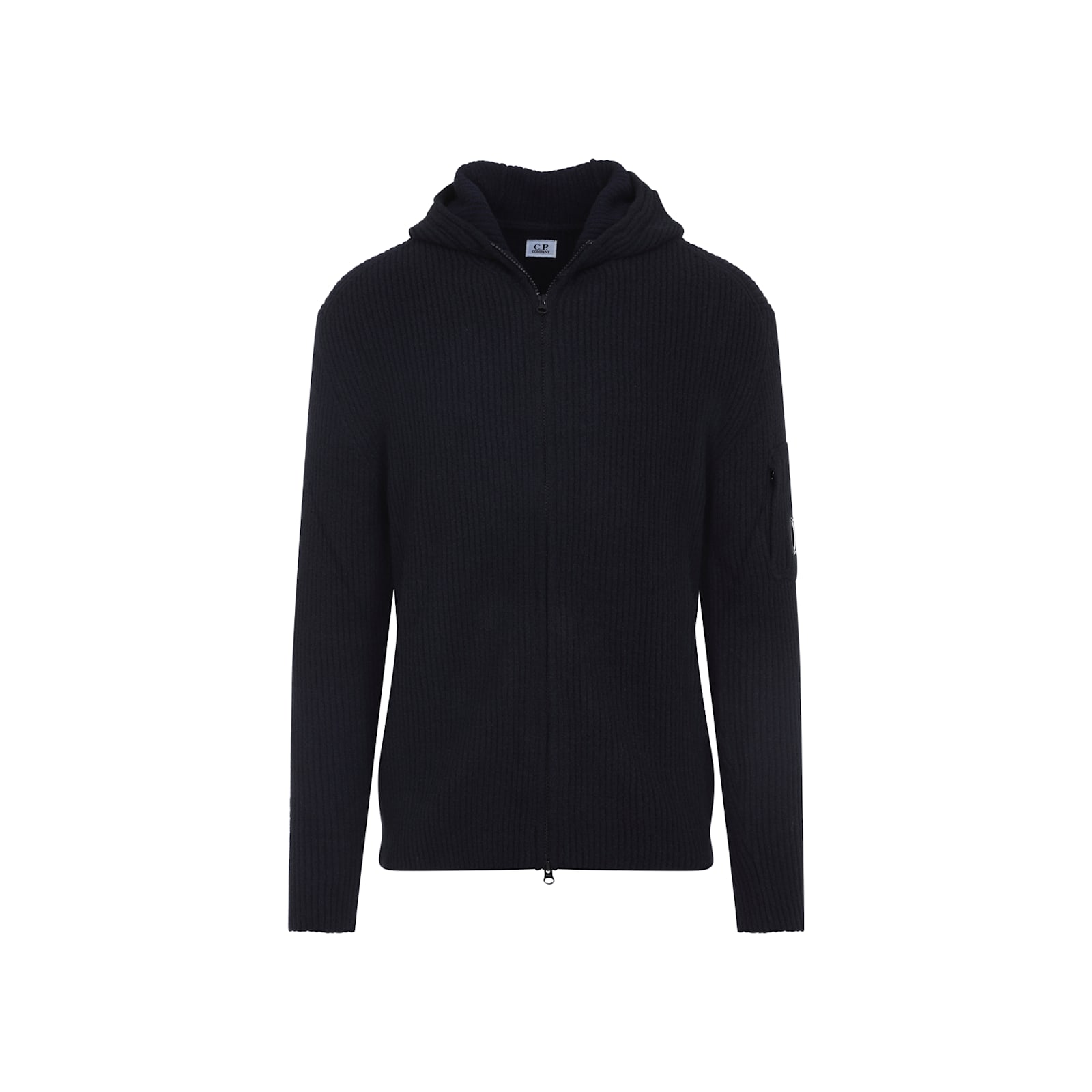 C.p. Company Signature Lens Ribbed Knit Cardigan With Hood In Black
