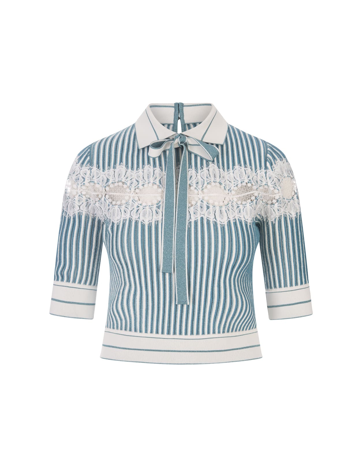 Polo Shirt In White And Blue Gin Knit And Lace