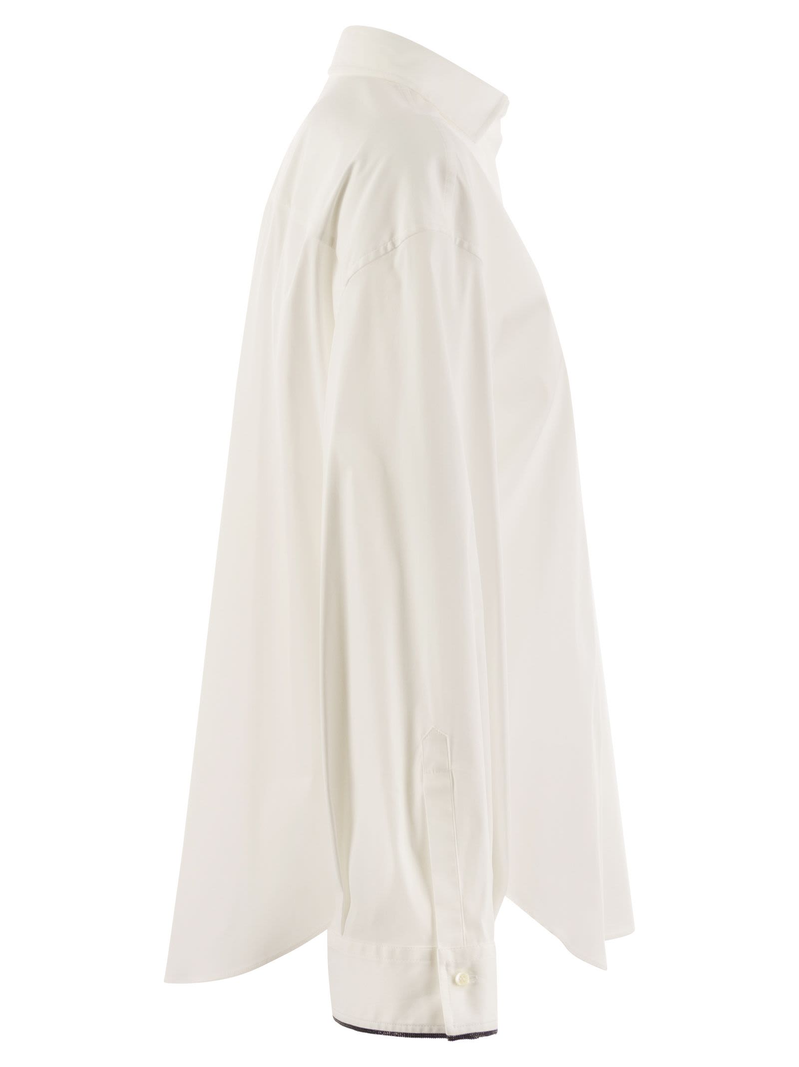 Shop Brunello Cucinelli Stretch Cotton Poplin Shirt With Shiny Cuff Details In White