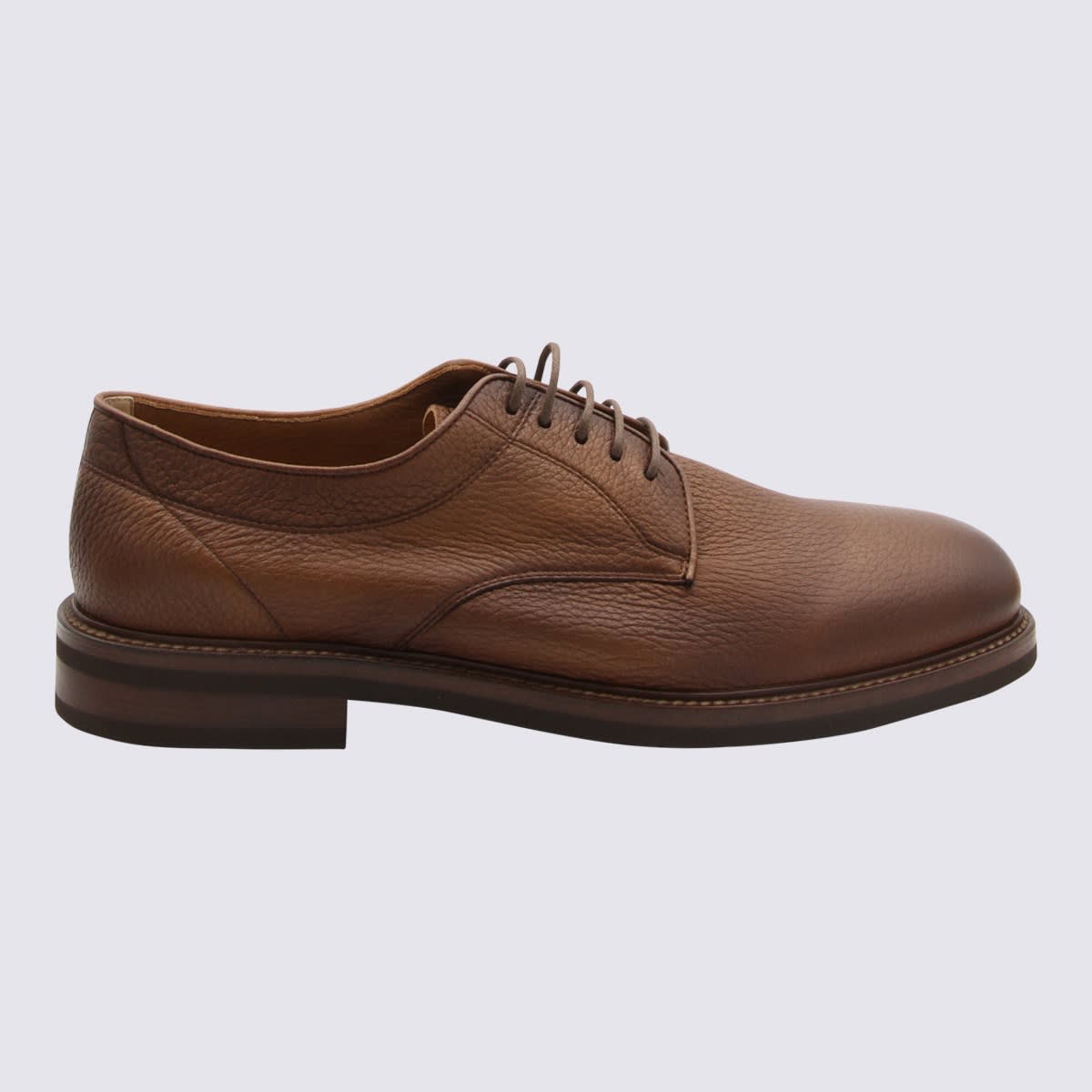 Brunello Cucinelli Brown Leather Derby Shoes In Brandy