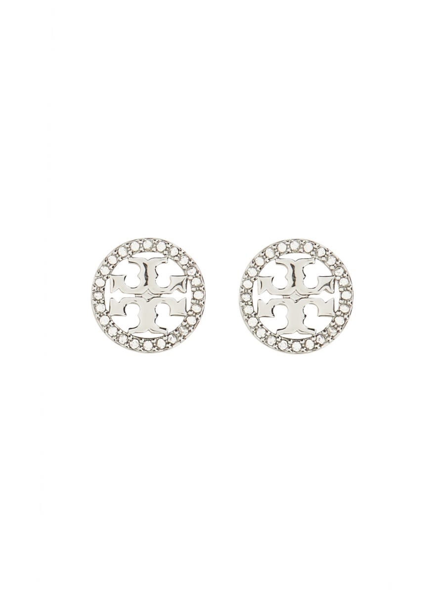 Shop Tory Burch Circle-stud Crystal Logo Earrings In Silver
