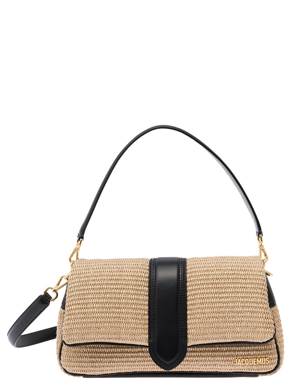 JACQUEMUS LE BAMBIMOU BEIGE SHOULDER BAG WITH LOGO LETTERING DETAIL IN RAFIA AND LEATHER WOMAN