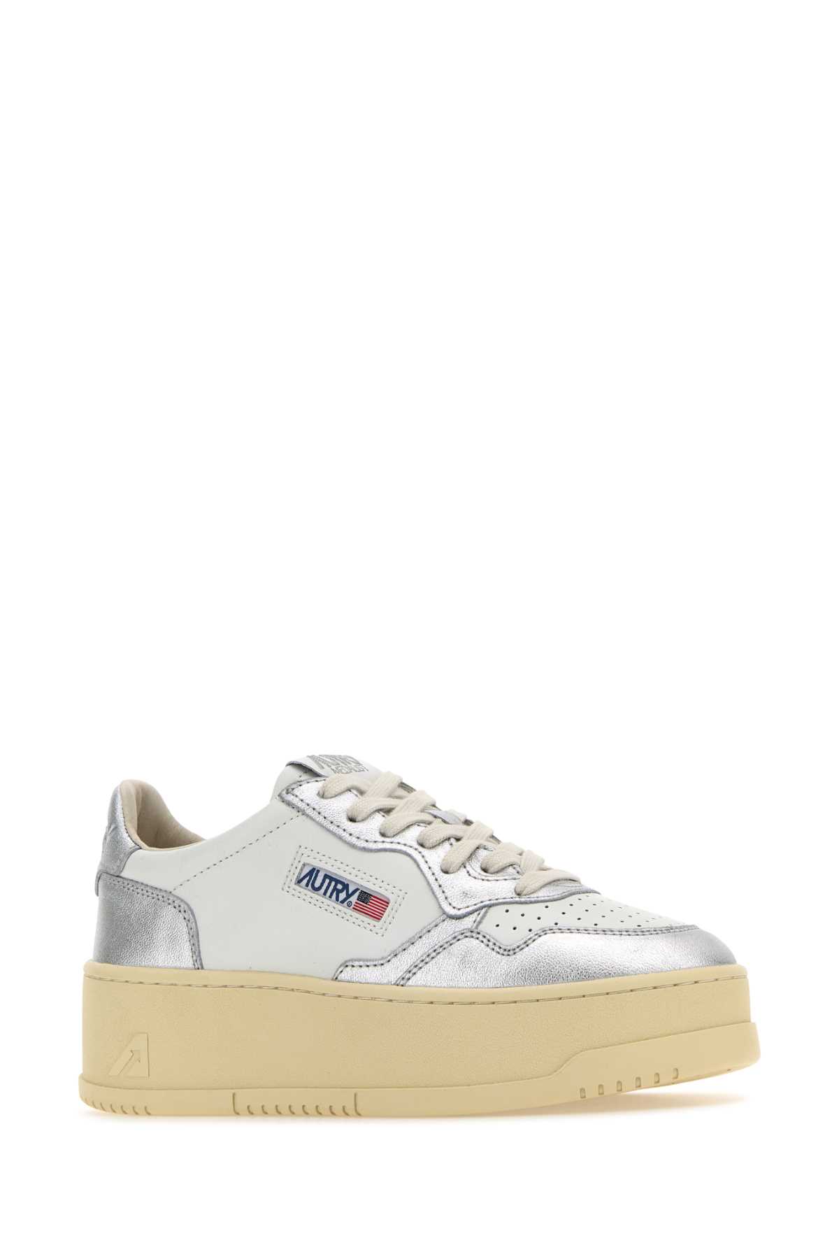Shop Autry Two-tone Leather Platform Low Wom Sneakers In Whitesilver