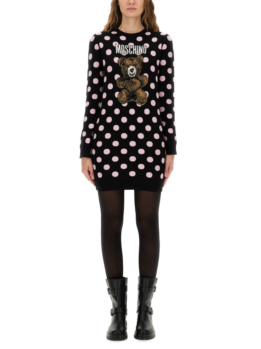 Moschino Long Sleeve Polka Dot Graphic Dress In Black