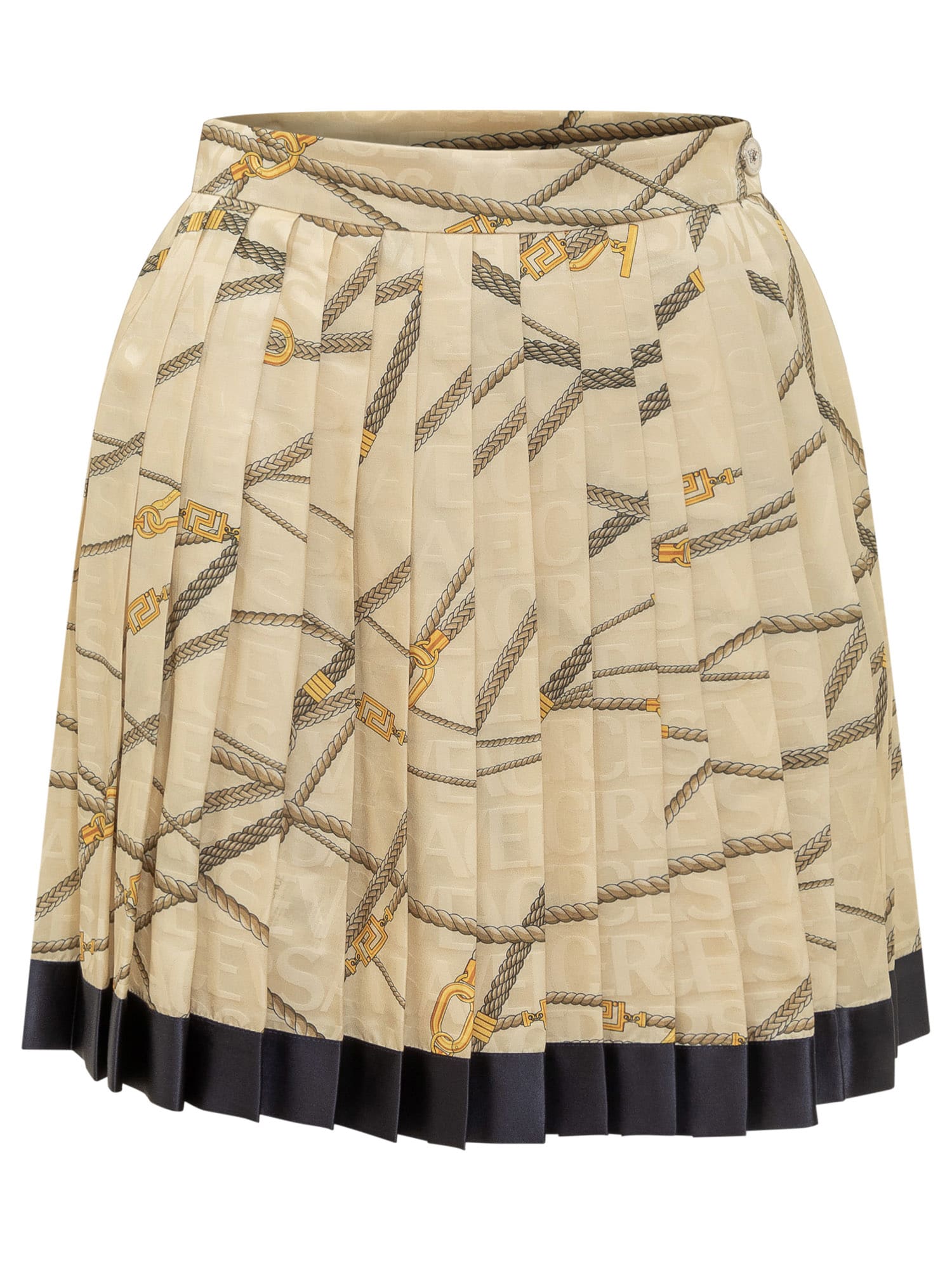 Versace Pale Yellow Pleated Mini Skirt With All-over Logo Print In Silk Blend Woman