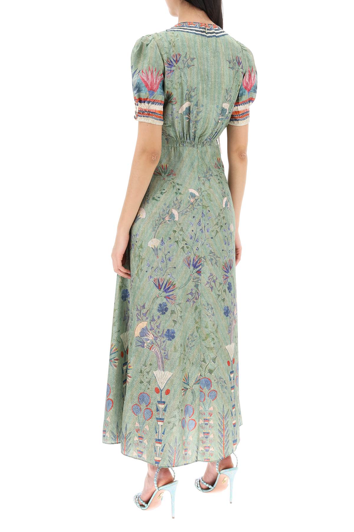 Shop Saloni Lea Long Dress In Printed Silk In Papyrus Border Plmt (green)