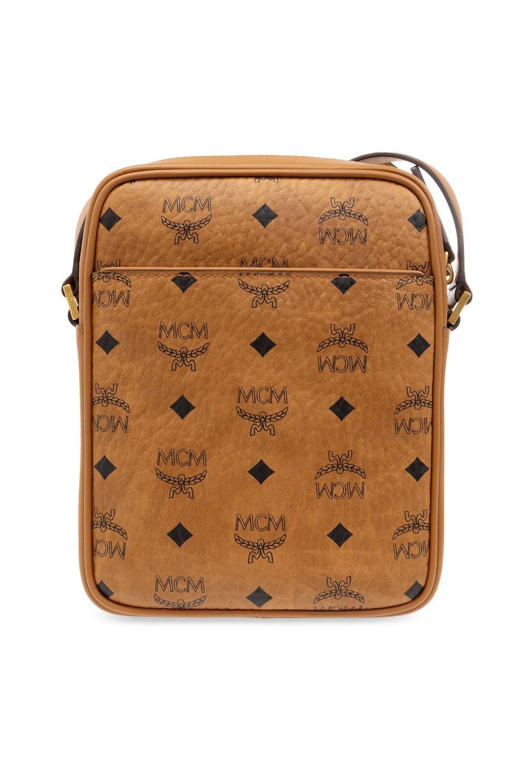 Shop Mcm Logo Plaque Crossbody Bag In Brown/black